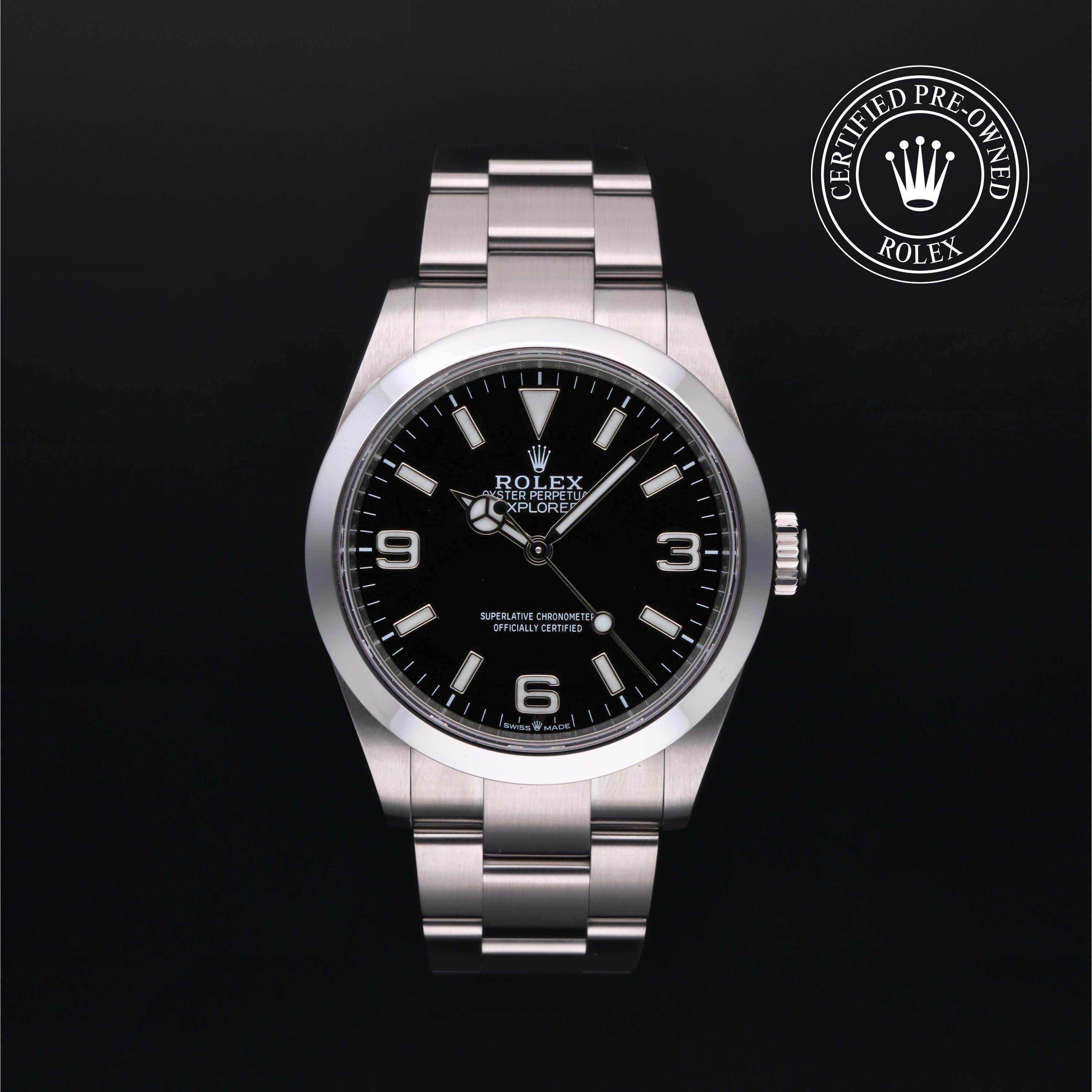 Rolex Certified Pre-owned Explorer M224270-0001 front on black background