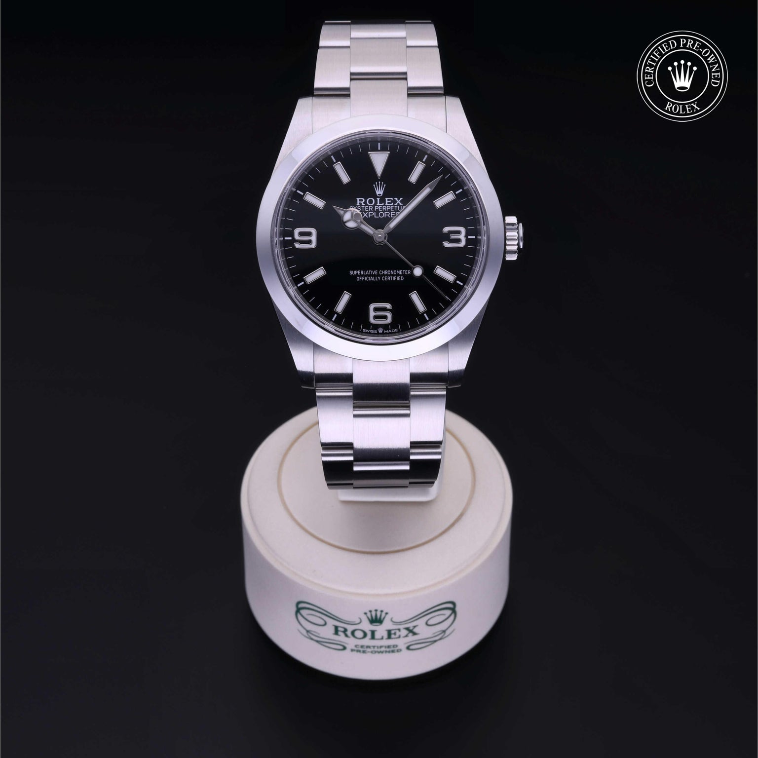 Rolex Certified Pre-owned Explorer M224270-0001 front on black background