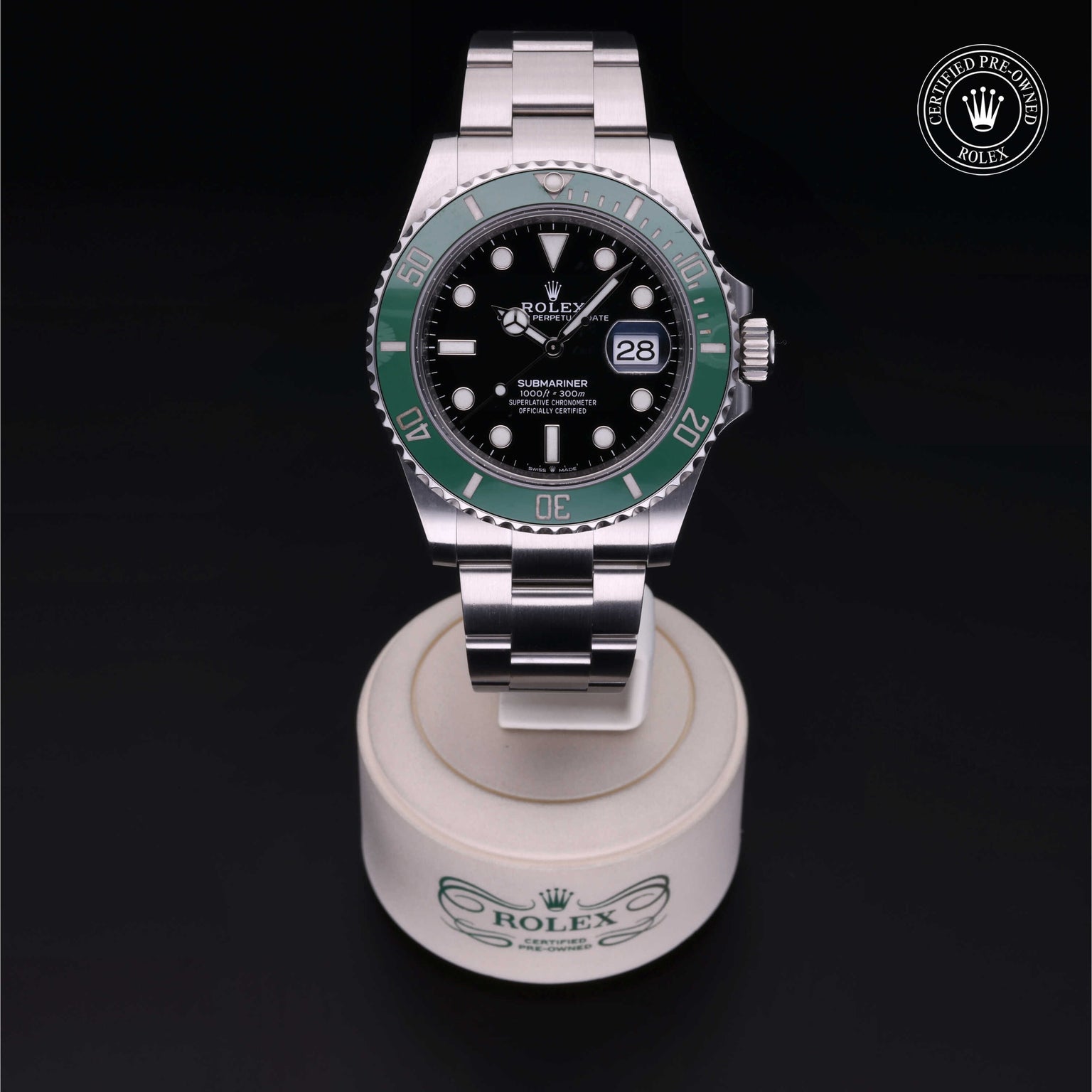 Rolex Certified Pre-owned Submariner M126610LV-0002 front on black background