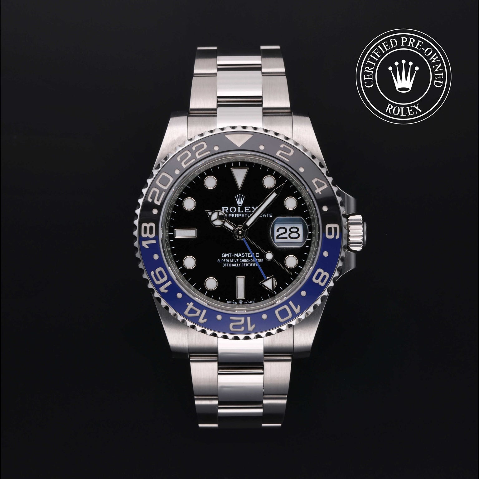 Rolex Certified Pre-owned GMT M126710BLNR-0003 front on black background