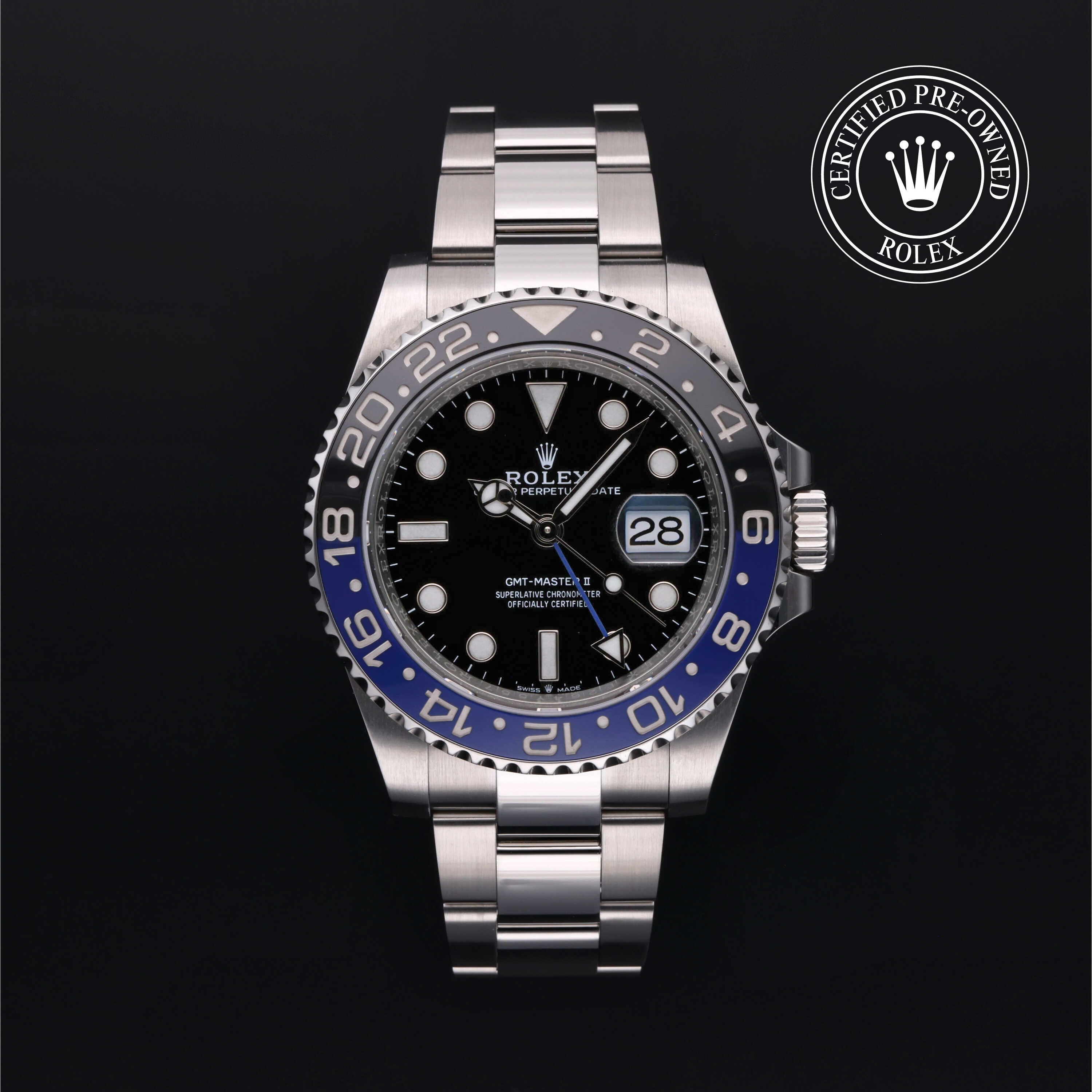 Rolex Certified Pre-owned GMT M126710BLNR-0003 front on black background