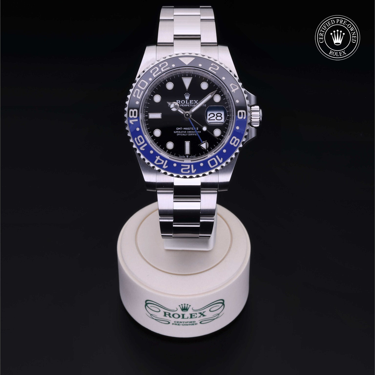 Rolex Certified Pre-owned GMT M126710BLNR-0003 front on black background