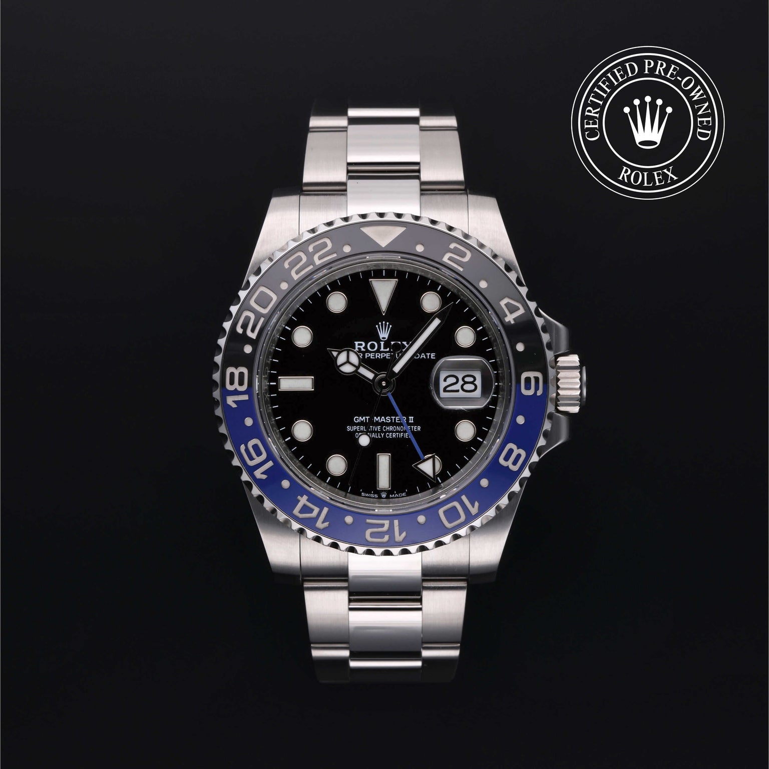 Rolex Certified Pre-owned GMT M126710BLNR-0003 front on black background