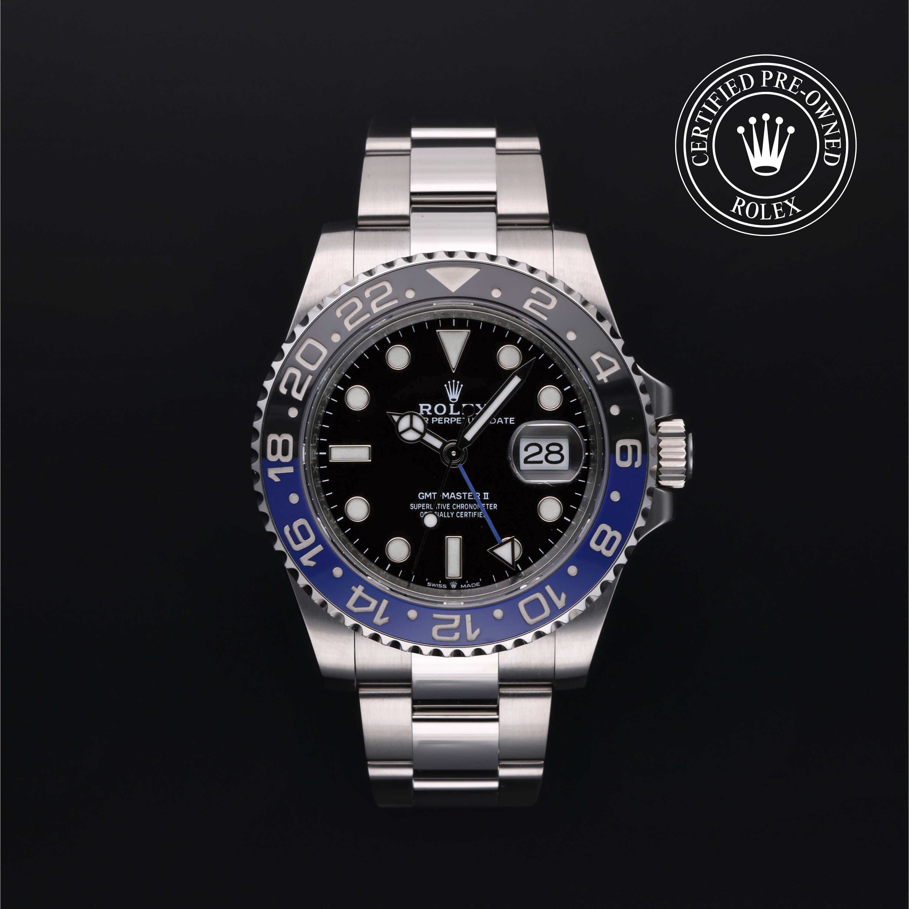 Rolex Certified Pre-owned GMT M126710BLNR-0003 front on black background