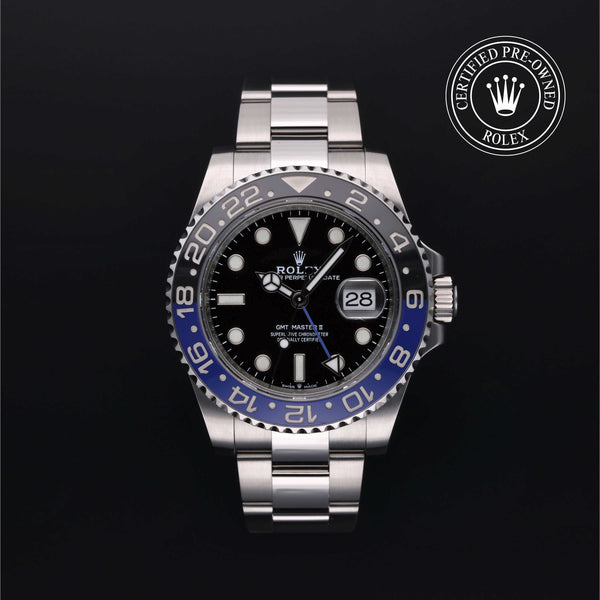 Rolex Certified Pre-owned GMT M126710BLNR-0003 front on black background