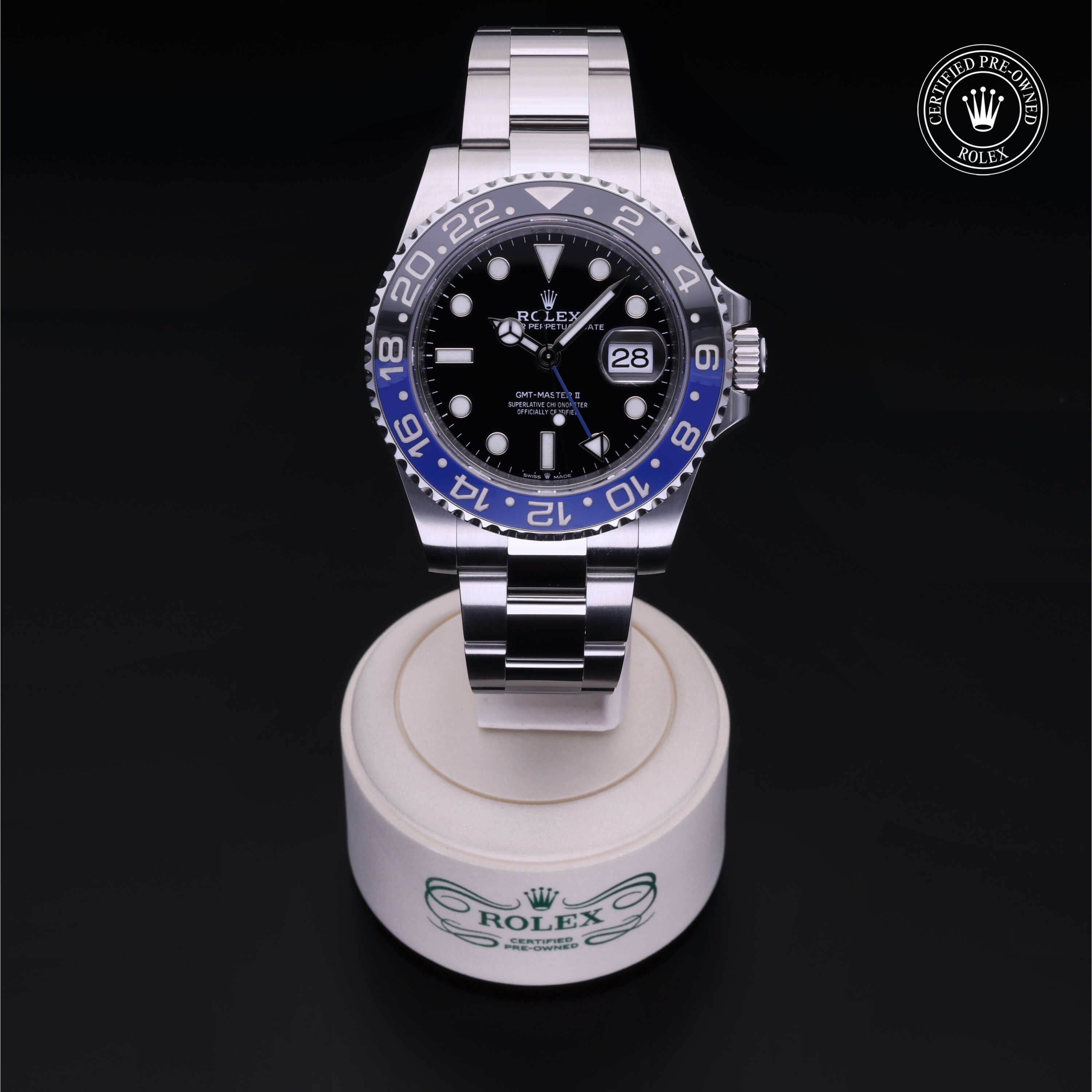 Rolex Certified Pre-owned GMT M126710BLNR-0003 front on black background