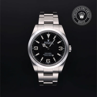 Rolex Certified Pre-owned Explorer M214270-0003 front on black background