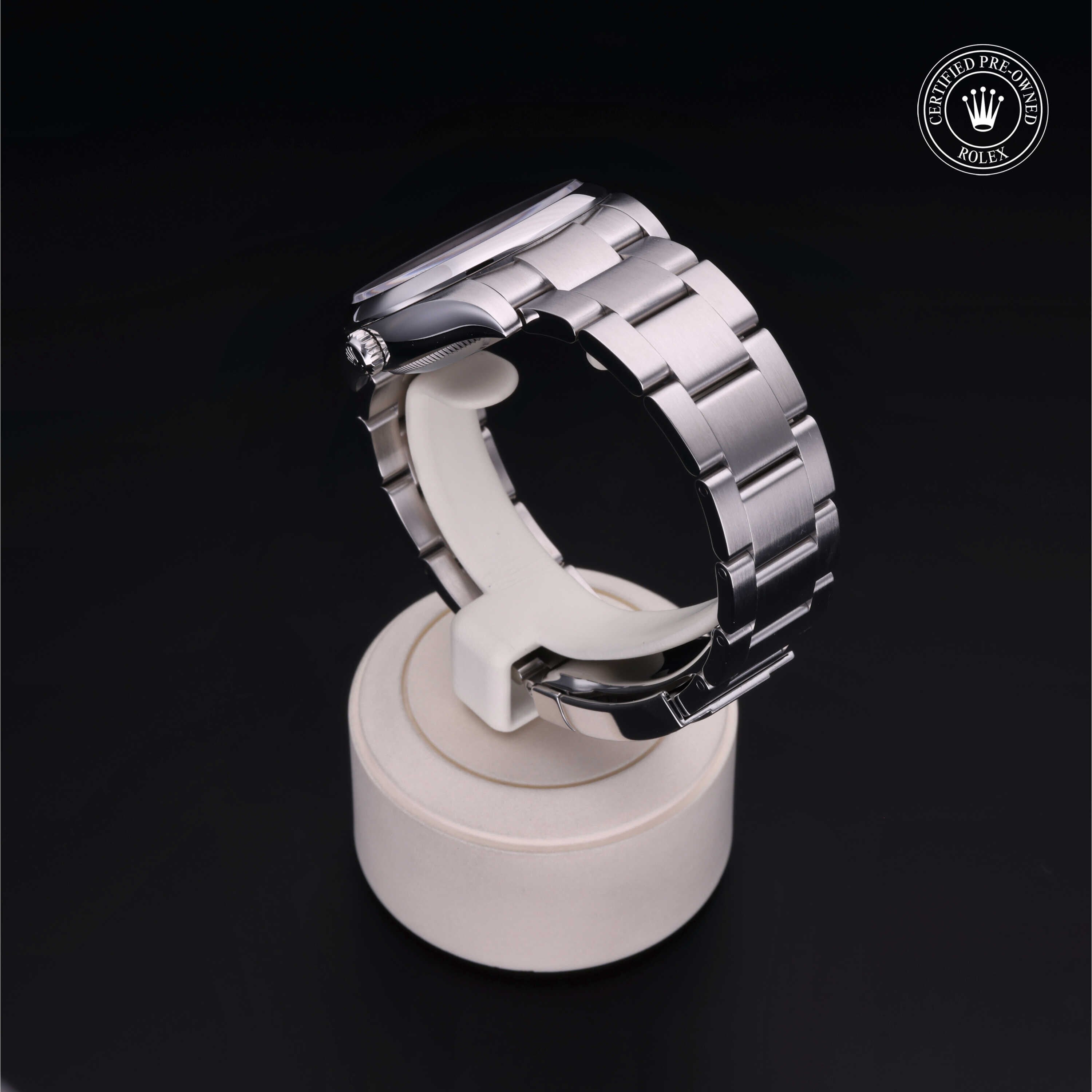 Rolex Certified Pre-owned Oyster Perpetual M114200-0020 front on black background