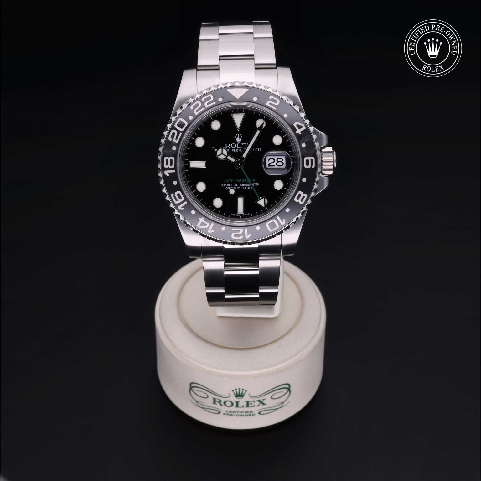 Rolex Certified Pre-owned GMT M116710LN-0001 front on black background