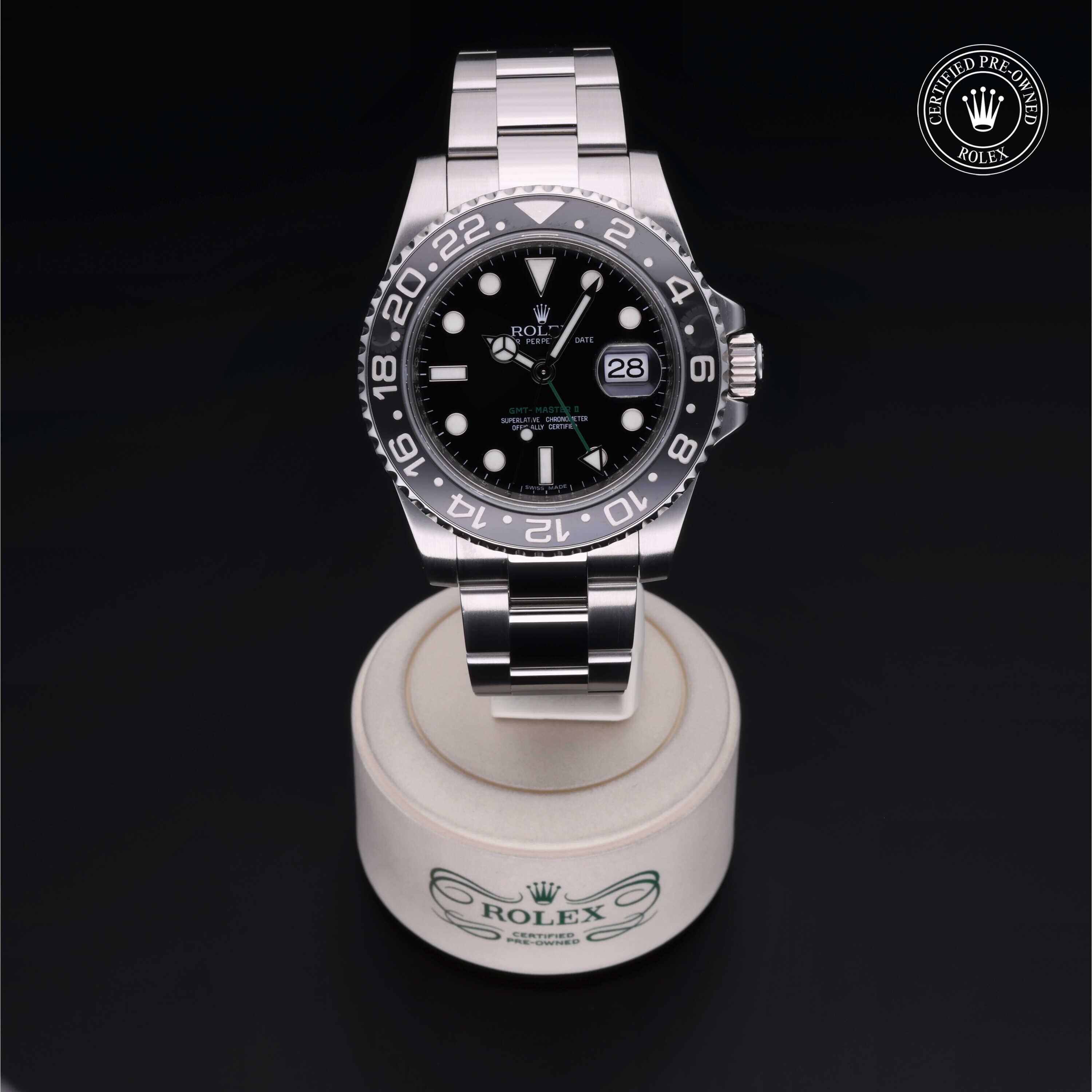 Rolex Certified Pre-owned GMT M116710LN-0001 front on black background