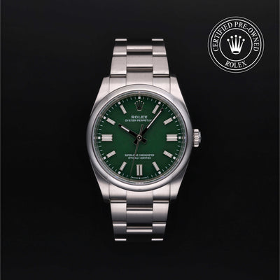 Rolex Certified Pre-owned Oyster Perpetual M126000-0005 front on black background
