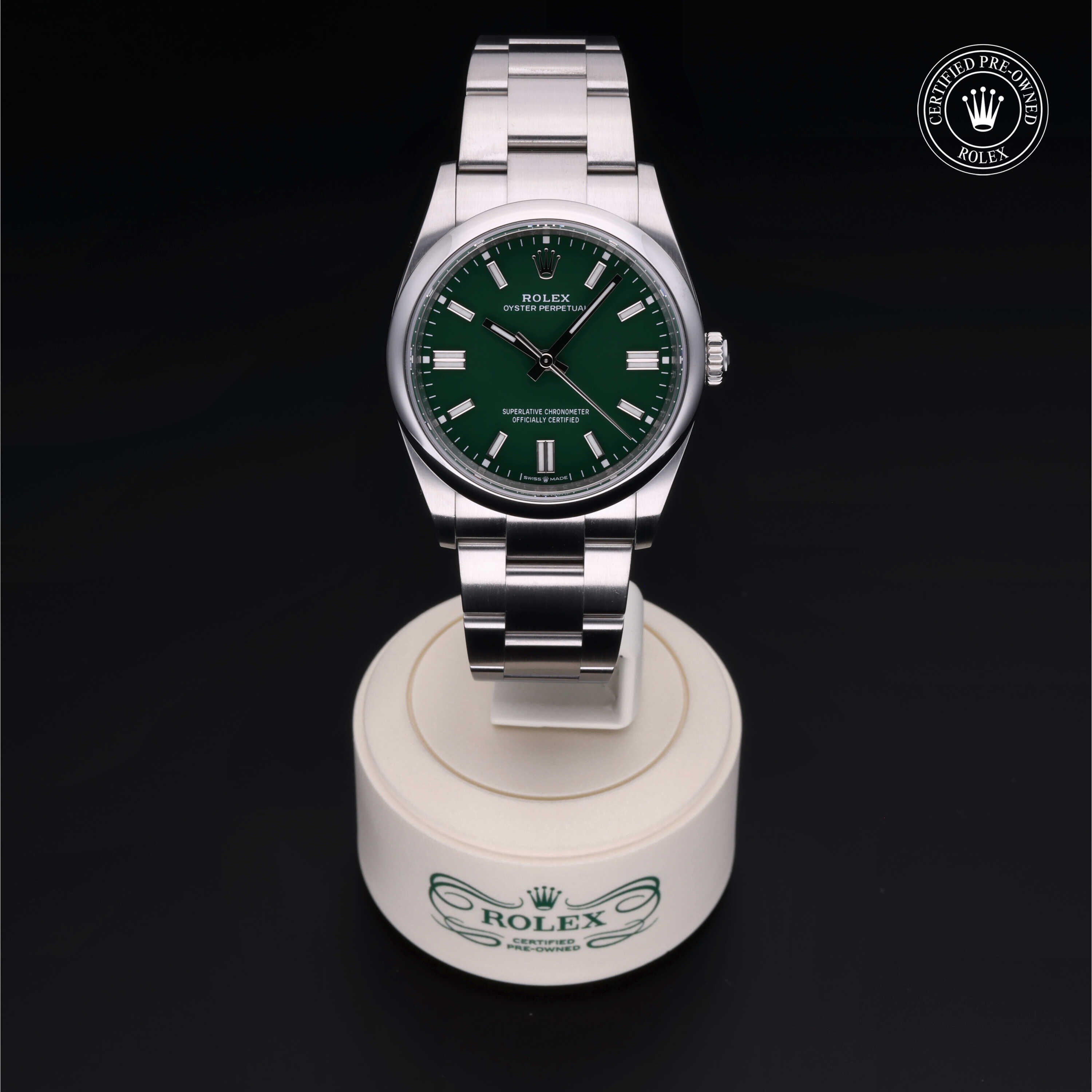 Rolex Certified Pre-owned Oyster Perpetual M126000-0005 front on black background