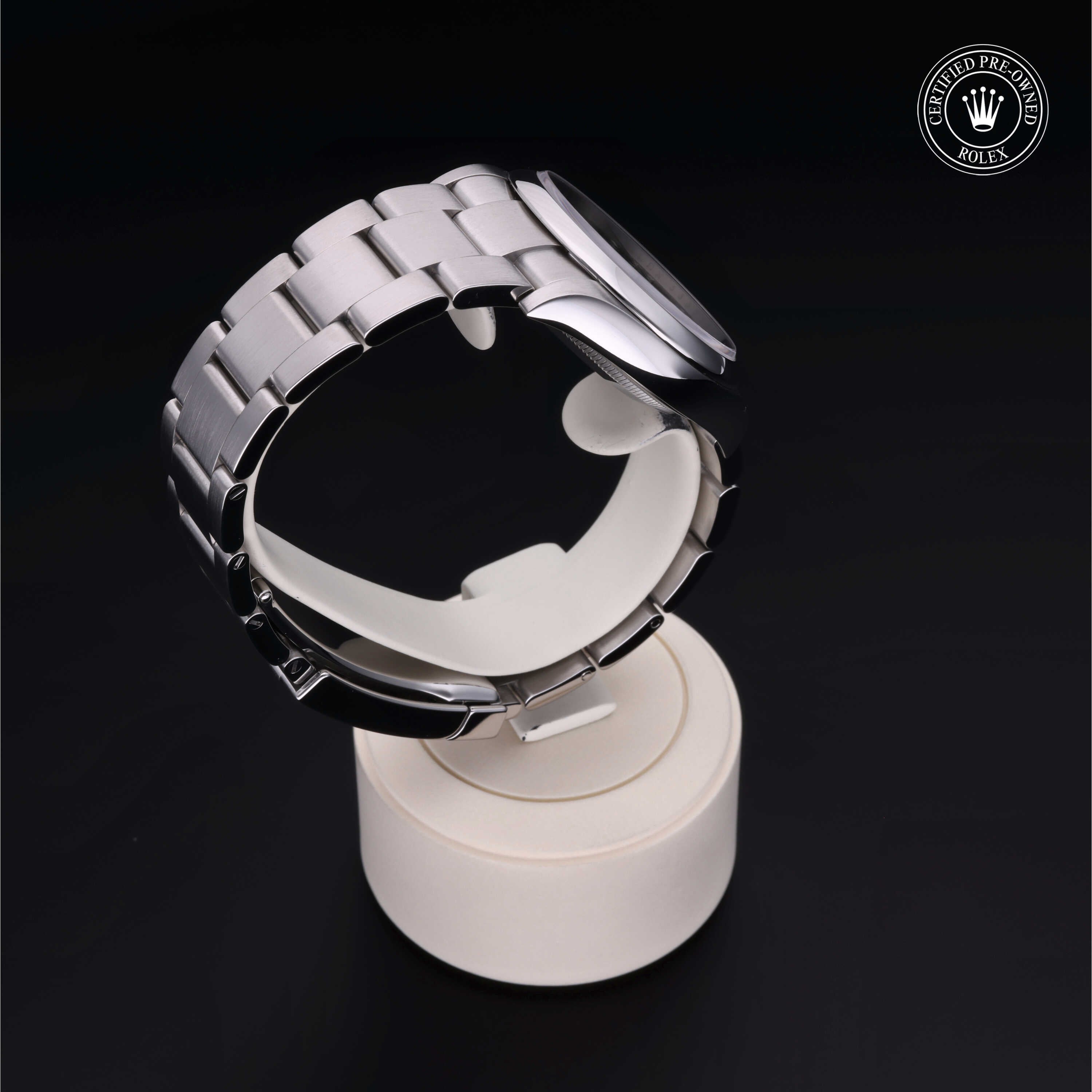 Rolex Certified Pre-owned Oyster Perpetual M126000-0005 front on black background