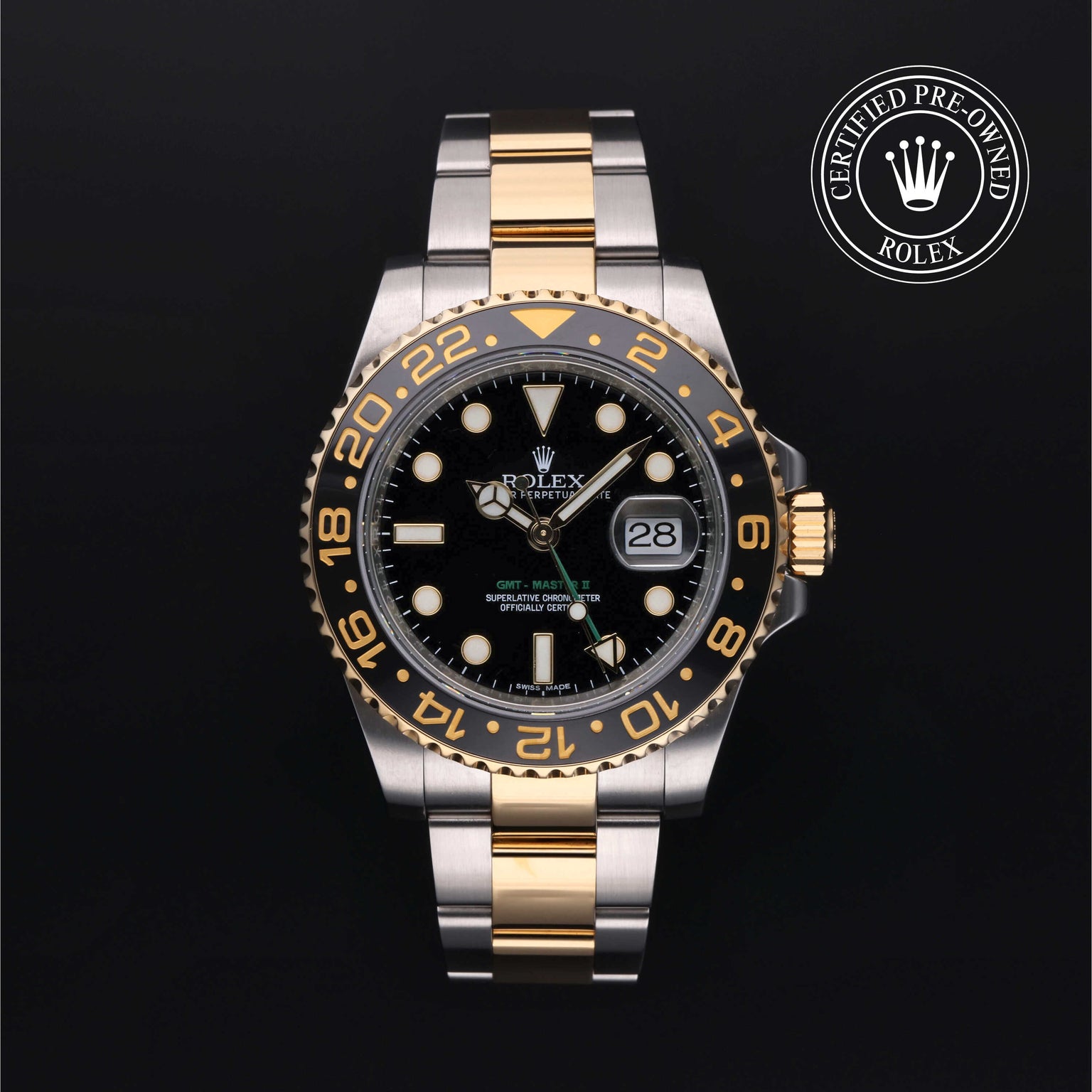 Rolex Certified Pre-owned GMT M116713LN-0001 front on black background