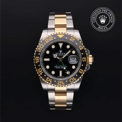Rolex Certified Pre-owned GMT M116713LN-0001 front on black background