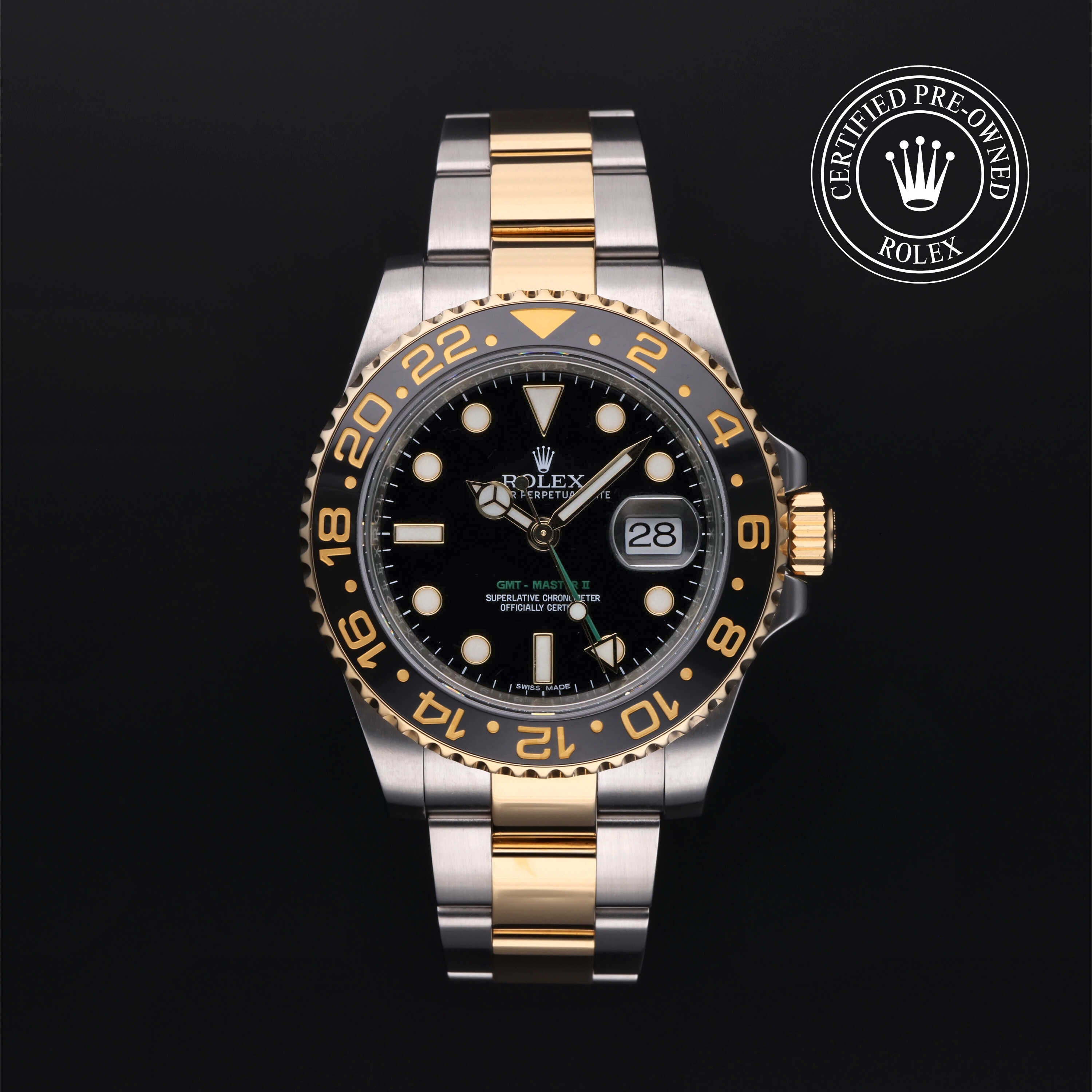 Rolex Certified Pre-owned GMT M116713LN-0001 front on black background