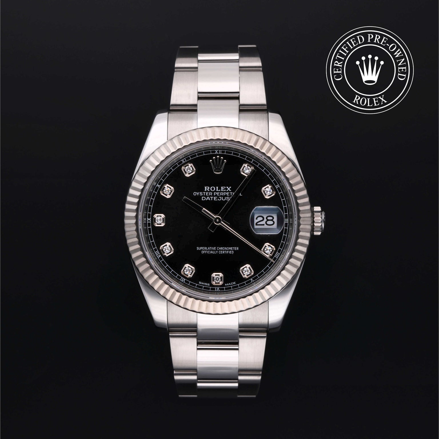Rolex Certified Pre-owned Datejust M126334-0011 front on black background