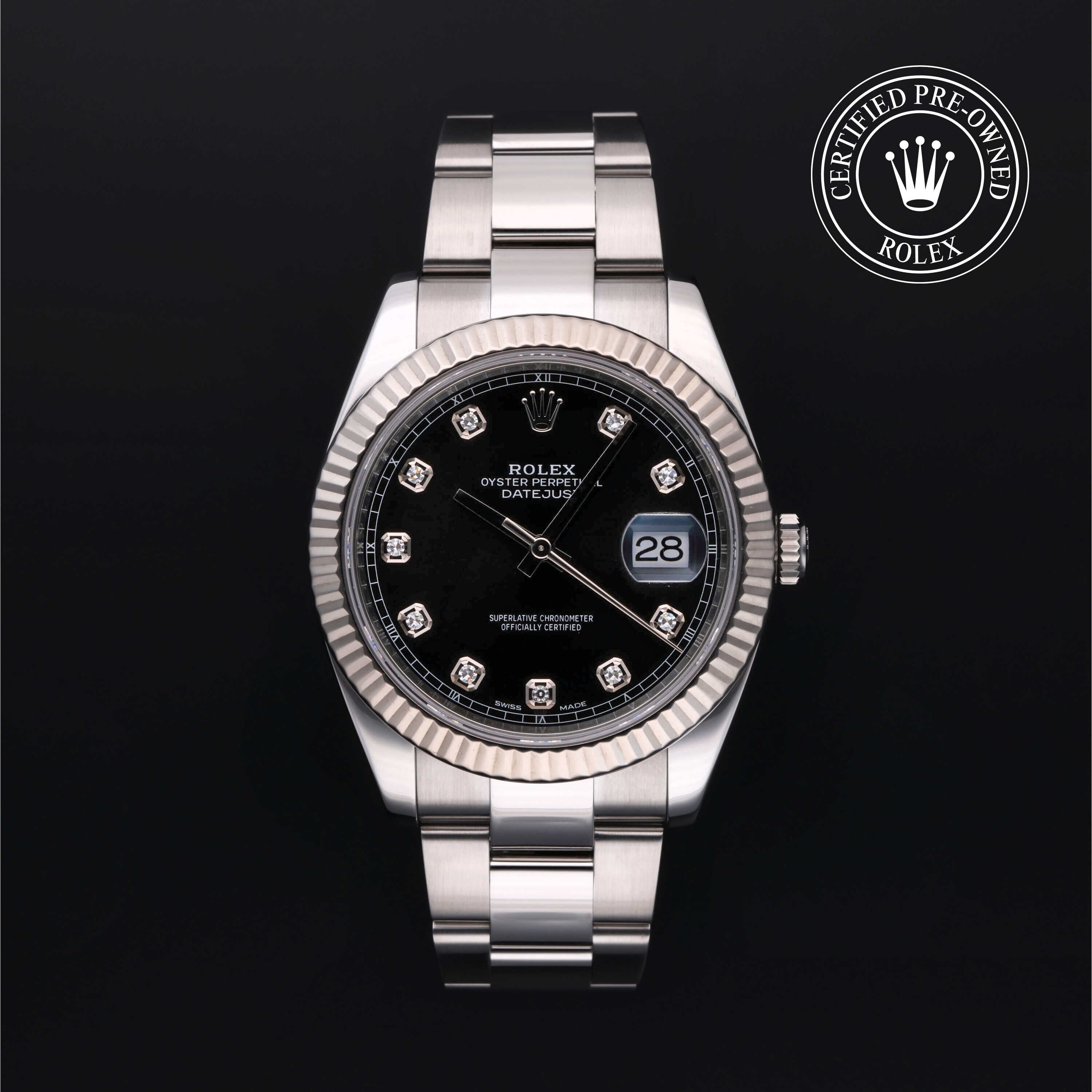 Rolex Certified Pre-owned Datejust M126334-0011 front on black background