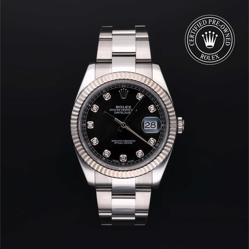 Rolex Certified Pre-owned Datejust M126334-0011 front on black background