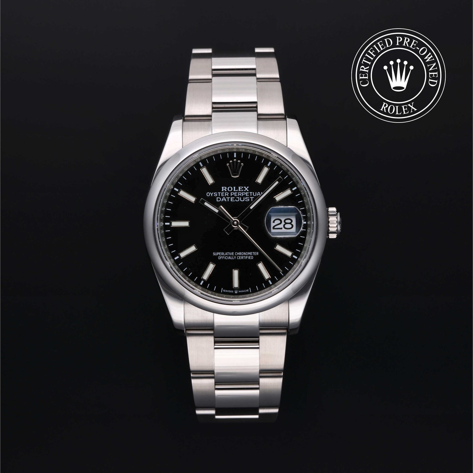 Rolex Certified Pre-owned Datejust M126200-0004 front on black background