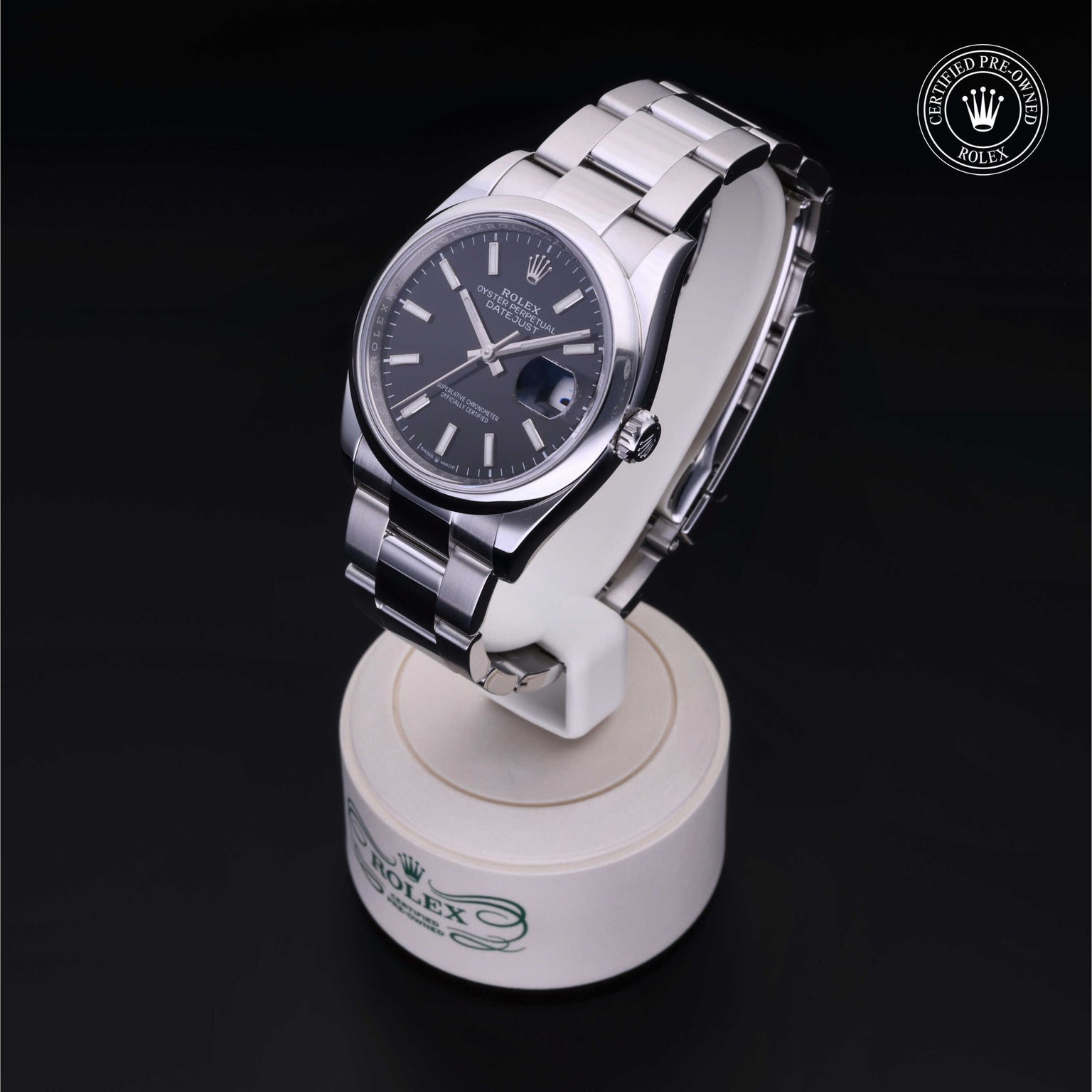 Rolex Certified Pre-owned Datejust M126200-0004 front on black background