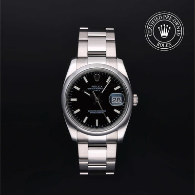 Rolex Certified Pre-owned Oyster Perpetual M115200-0004 front on black background