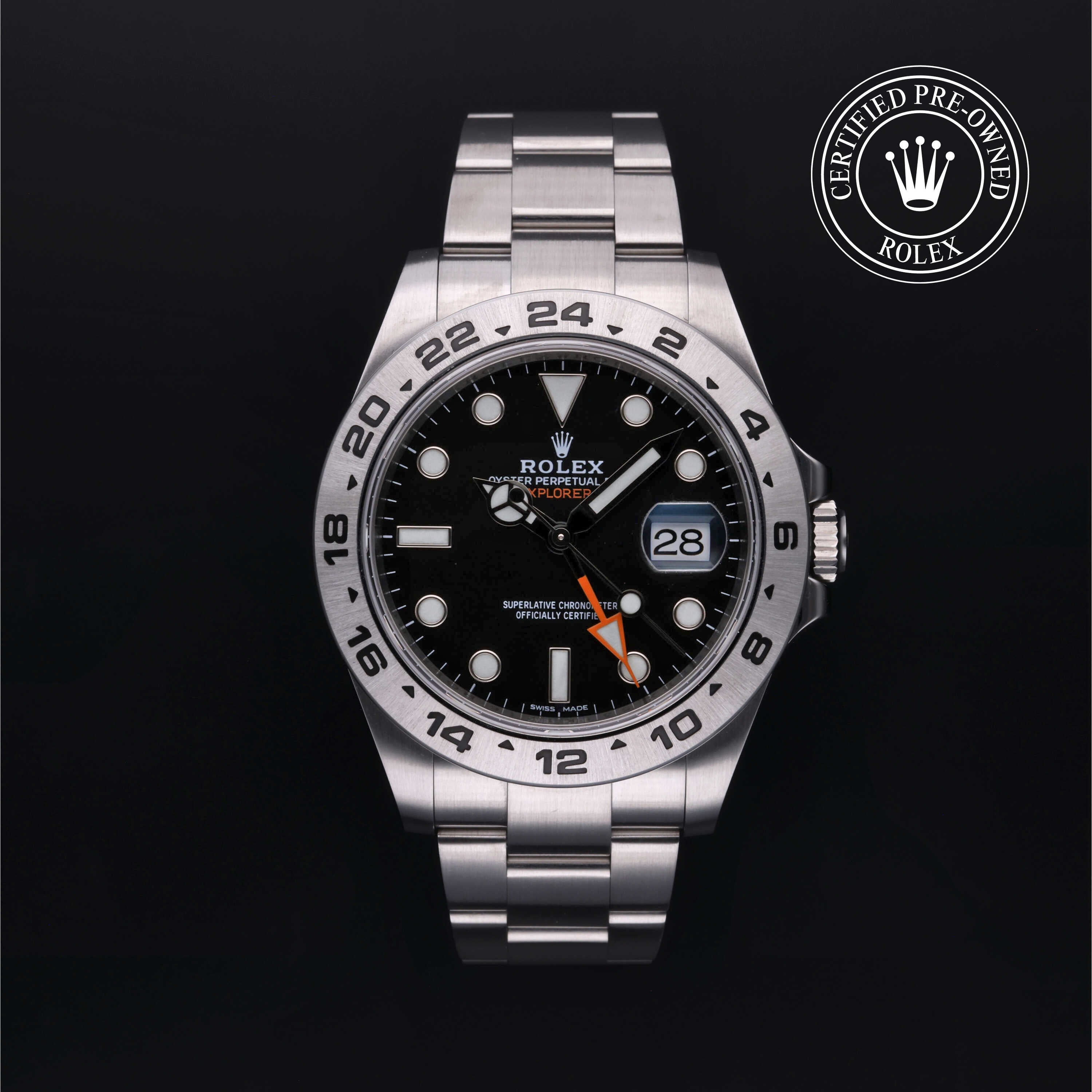Rolex Certified Pre-owned Explorer M216570-0002 front on black background