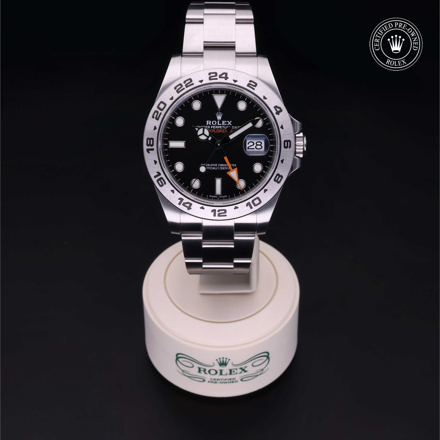 Rolex Certified Pre-owned Explorer M216570-0002 front on black background