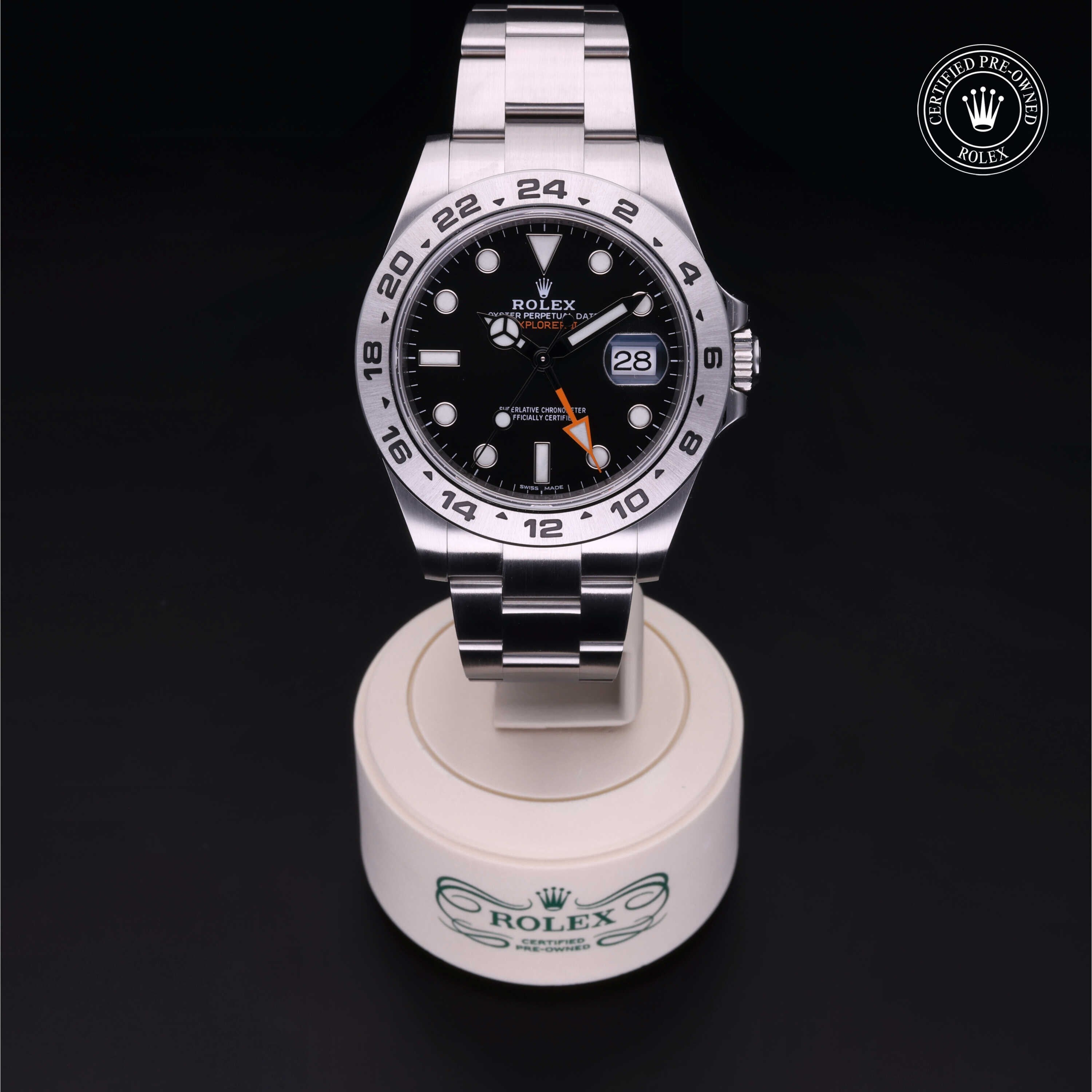 Rolex Certified Pre-owned Explorer M216570-0002 front on black background