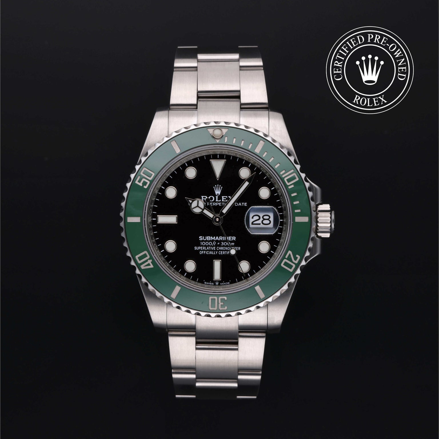 Rolex Certified Pre-owned Submariner M126610LV-0002 front on black background