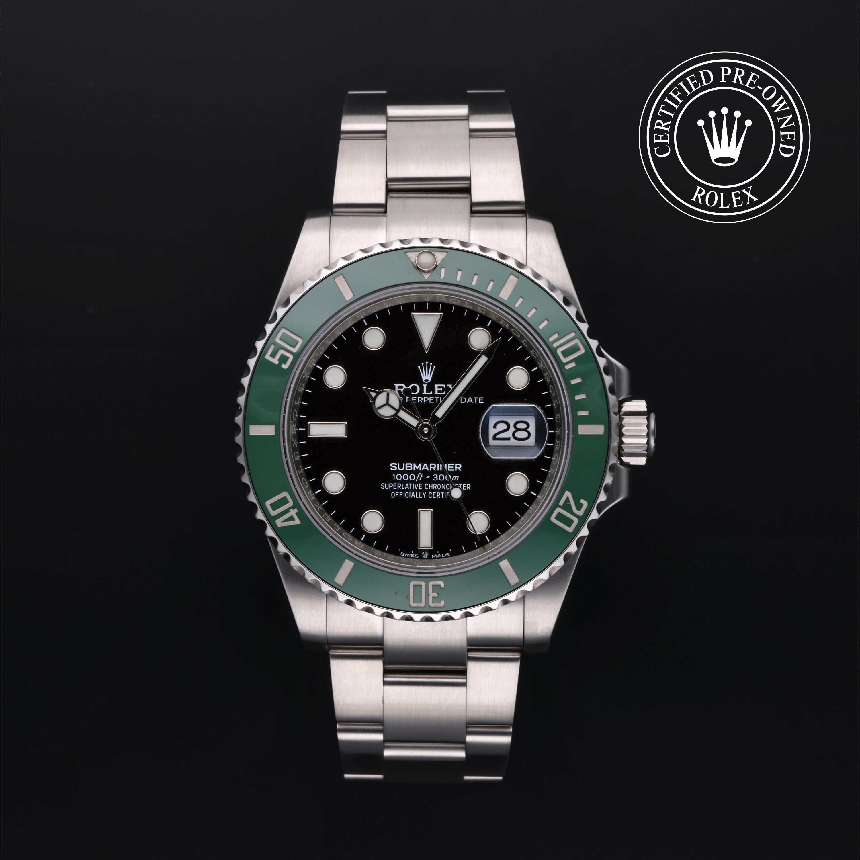 Rolex Certified Pre-owned Submariner M126610LV-0002 front on black background