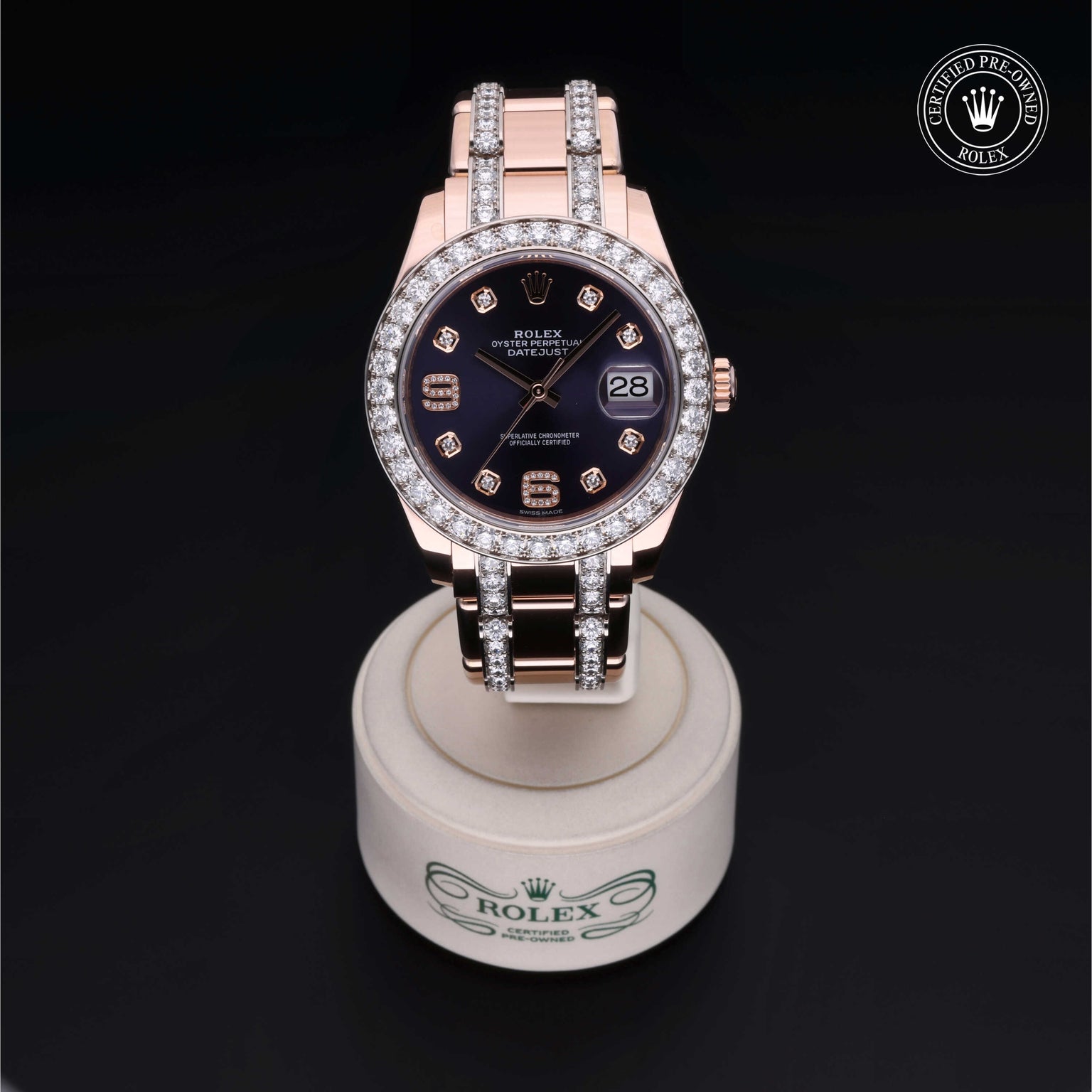 Rolex Certified Pre-owned Pearlmaster M86285-0003 front on black background