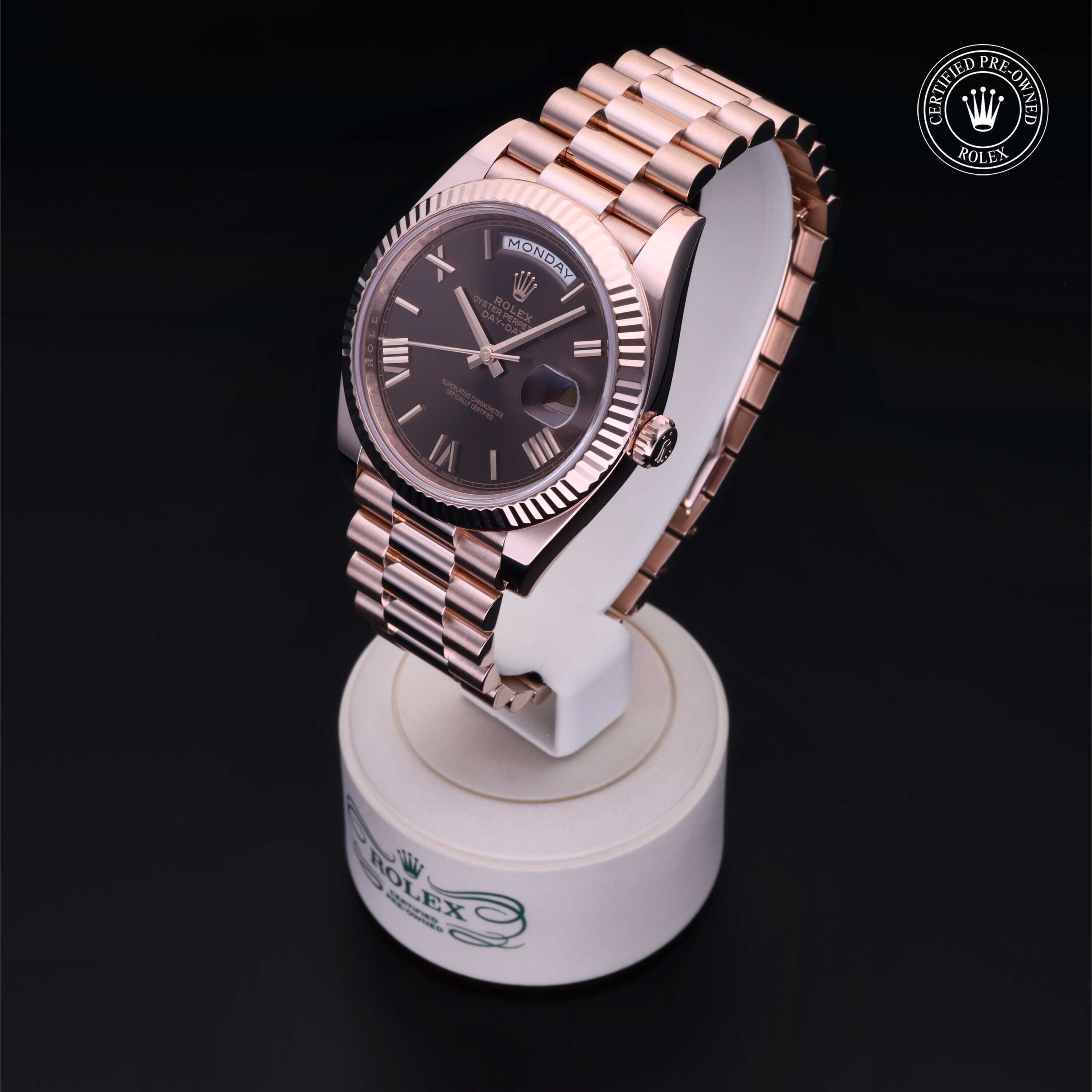 Rolex Certified Pre-owned Day-date M228235-0002 front on black background