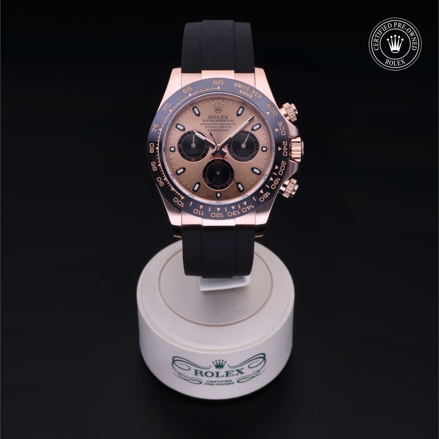 Rolex Certified Pre-owned Daytona M116515LN-0013 front on black background