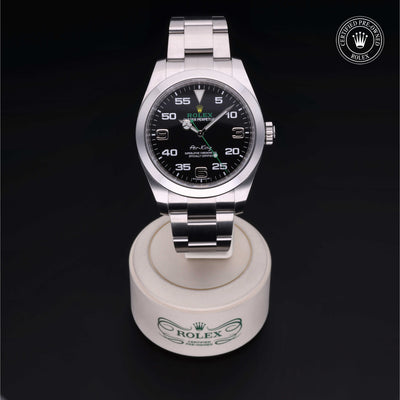 Rolex Certified Pre-owned Air-King M116900-0001 front on black background