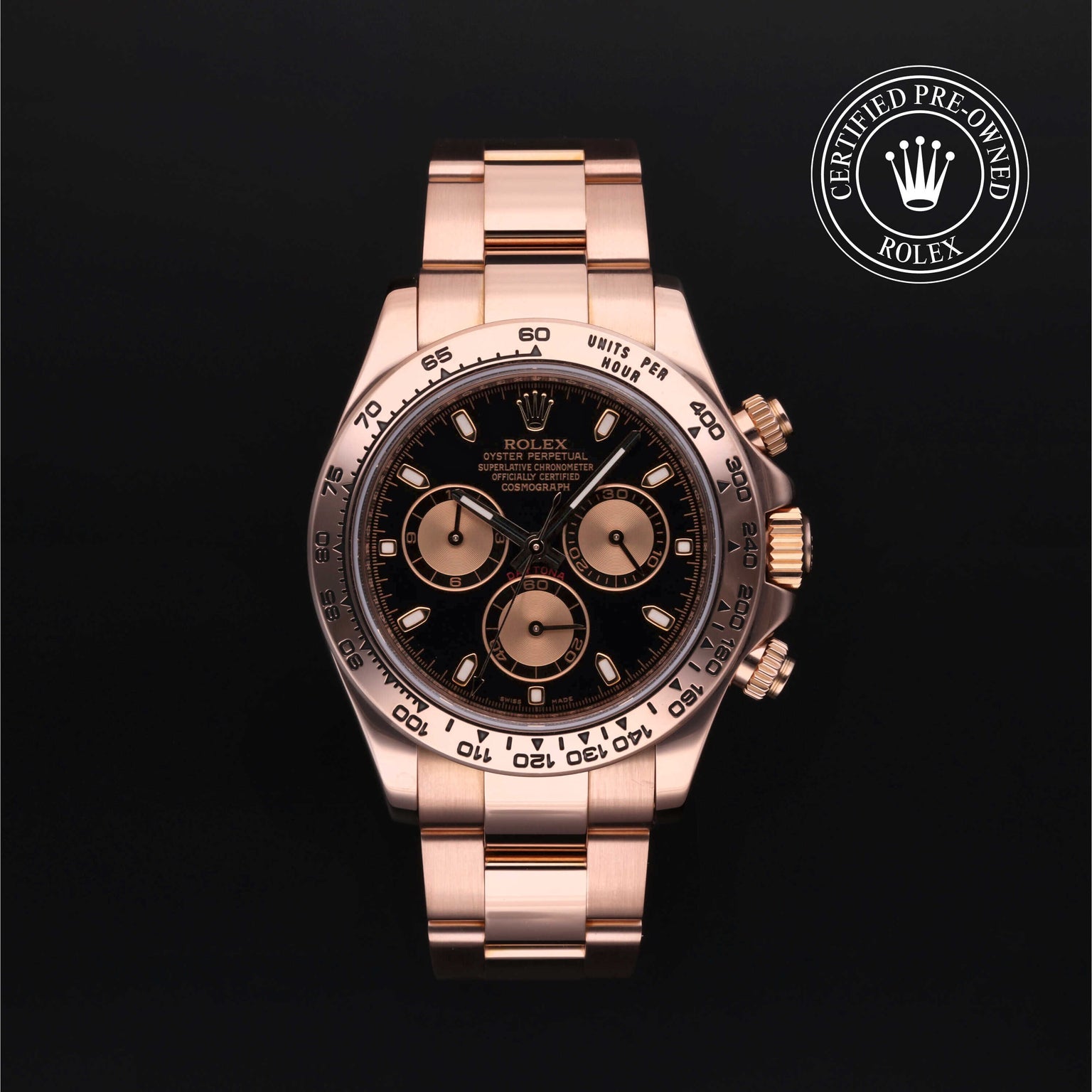 Rolex Certified Pre-owned Daytona M116505-0002 front on black background