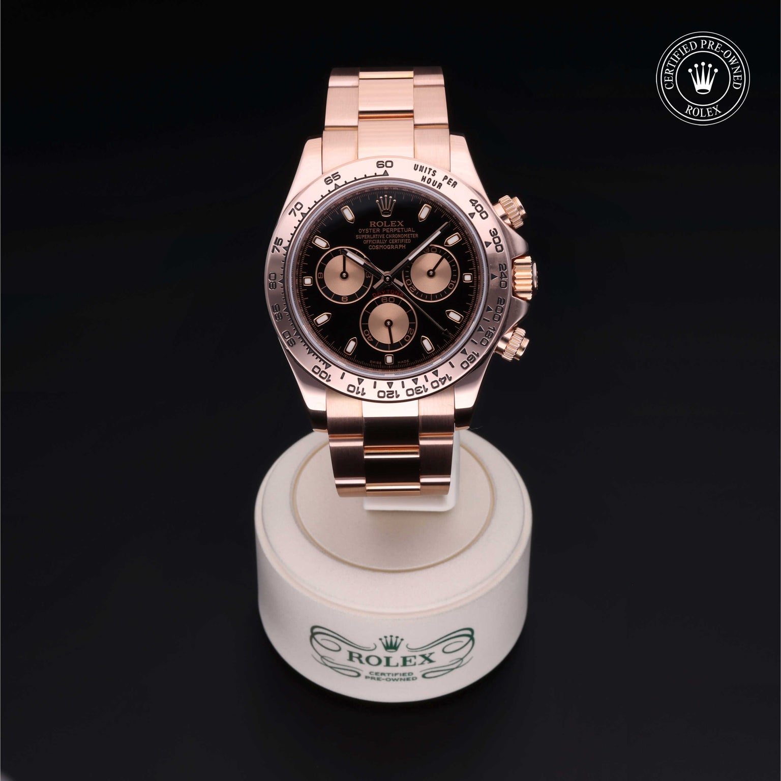 Rolex Certified Pre-owned Daytona M116505-0002 front on black background