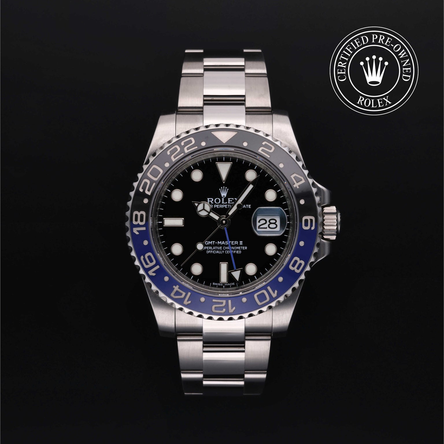 Rolex Certified Pre-owned GMT M116710BLNR-0002 front on black background