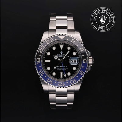 Rolex Certified Pre-owned GMT M116710BLNR-0002 front on black background