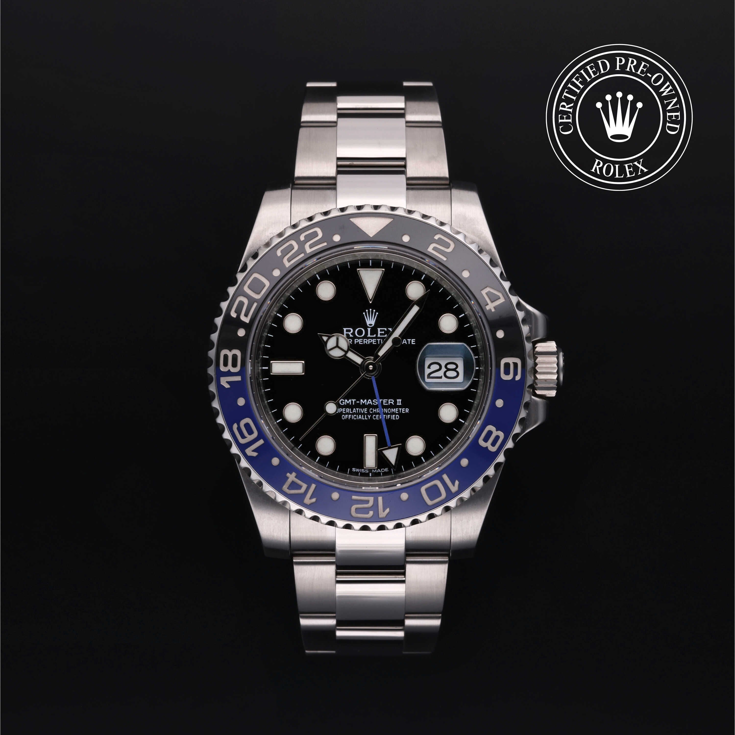 Rolex Certified Pre-owned GMT M116710BLNR-0002 front on black background
