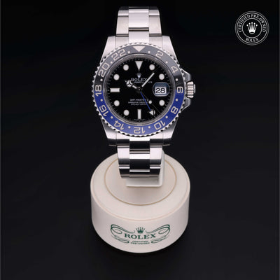 Rolex Certified Pre-owned GMT M116710BLNR-0002 front on black background
