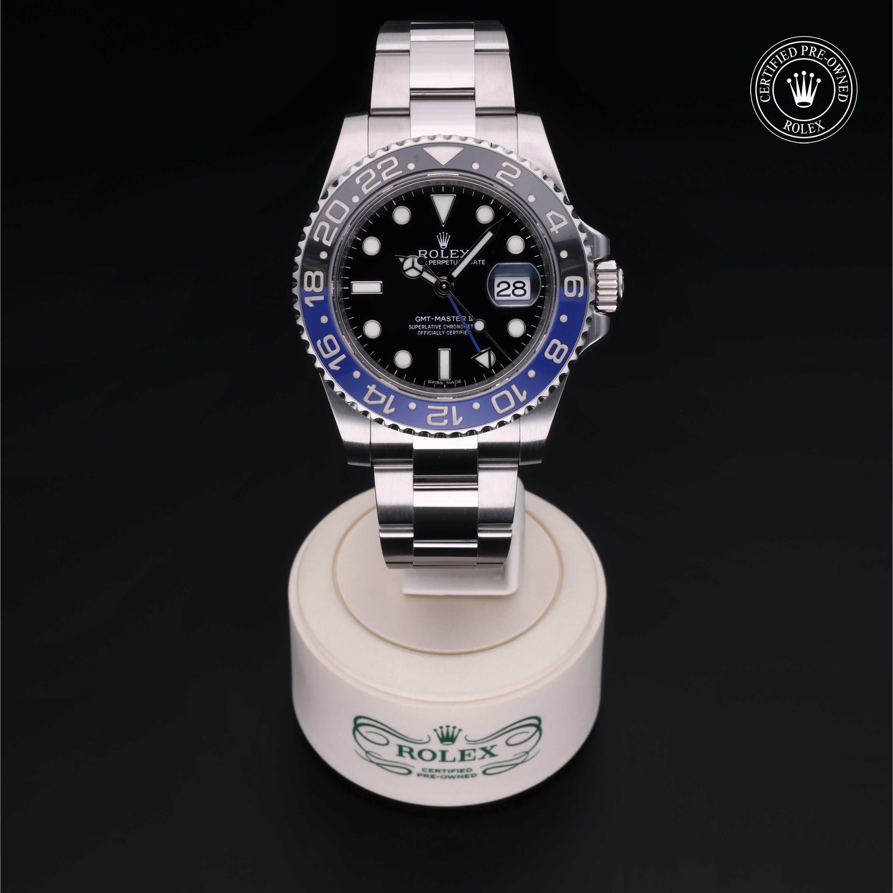 Rolex Certified Pre-owned GMT M116710BLNR-0002 front on black background