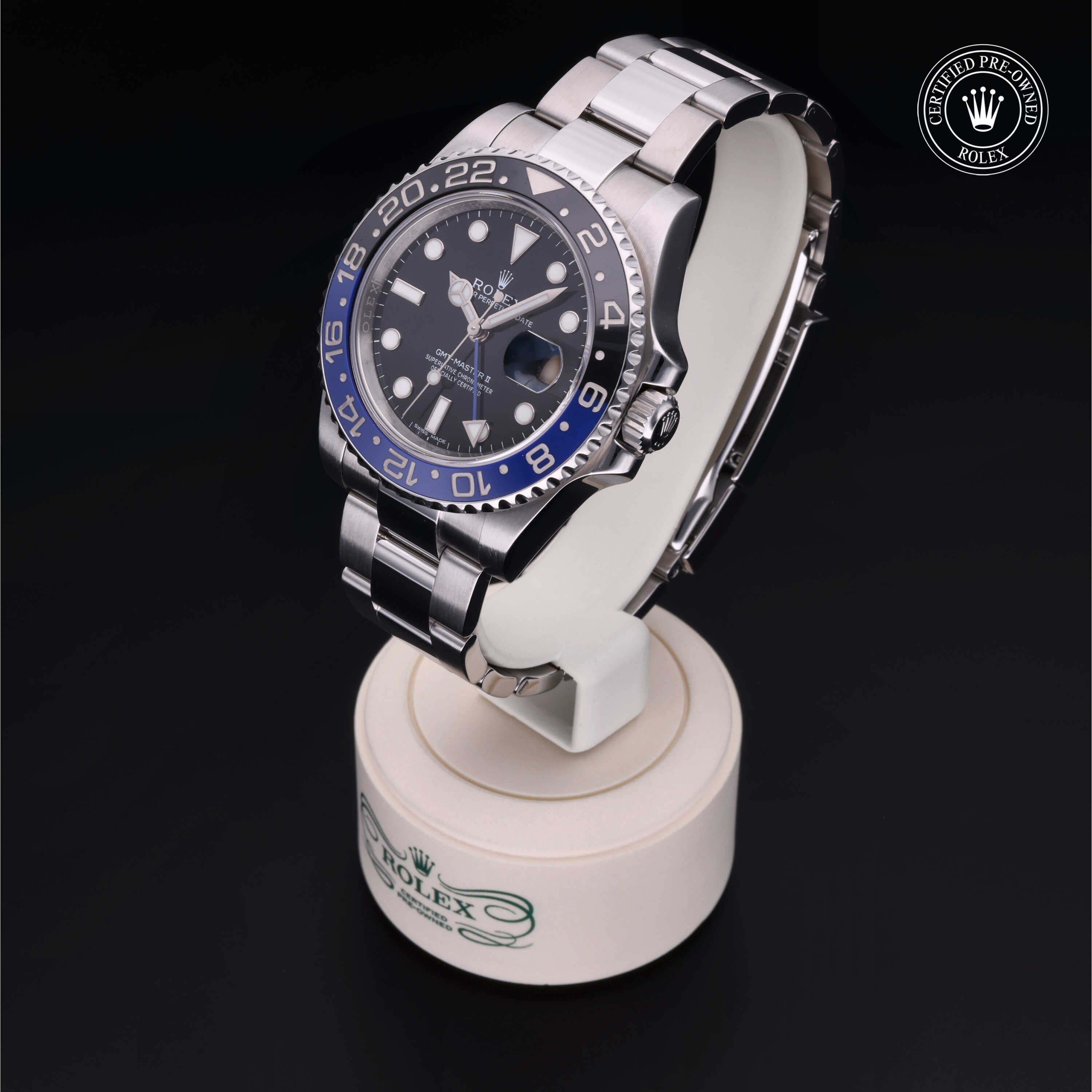 Rolex Certified Pre-owned GMT M116710BLNR-0002 front on black background