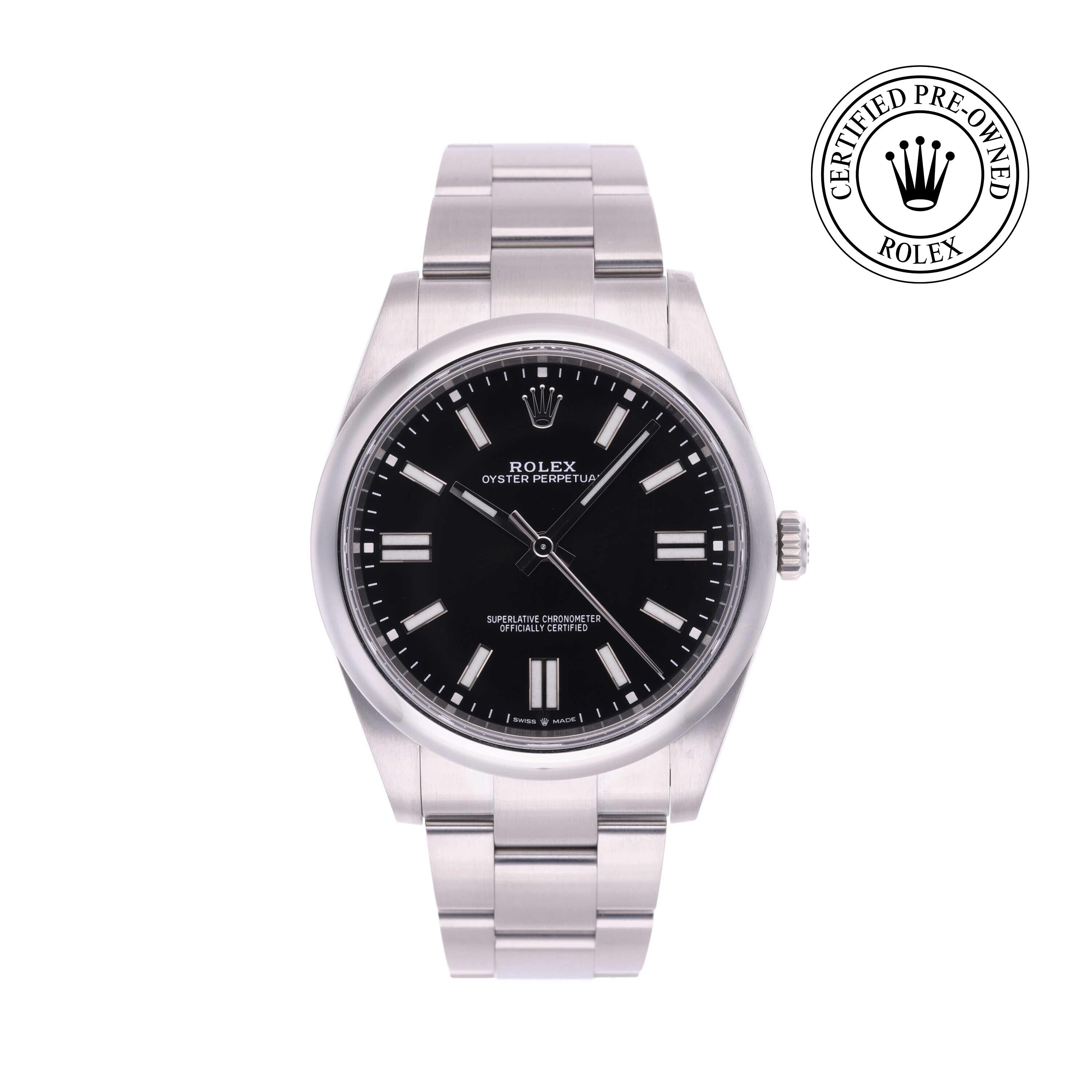 Rolex CPO Oyster Perpetual M124300 front on white background