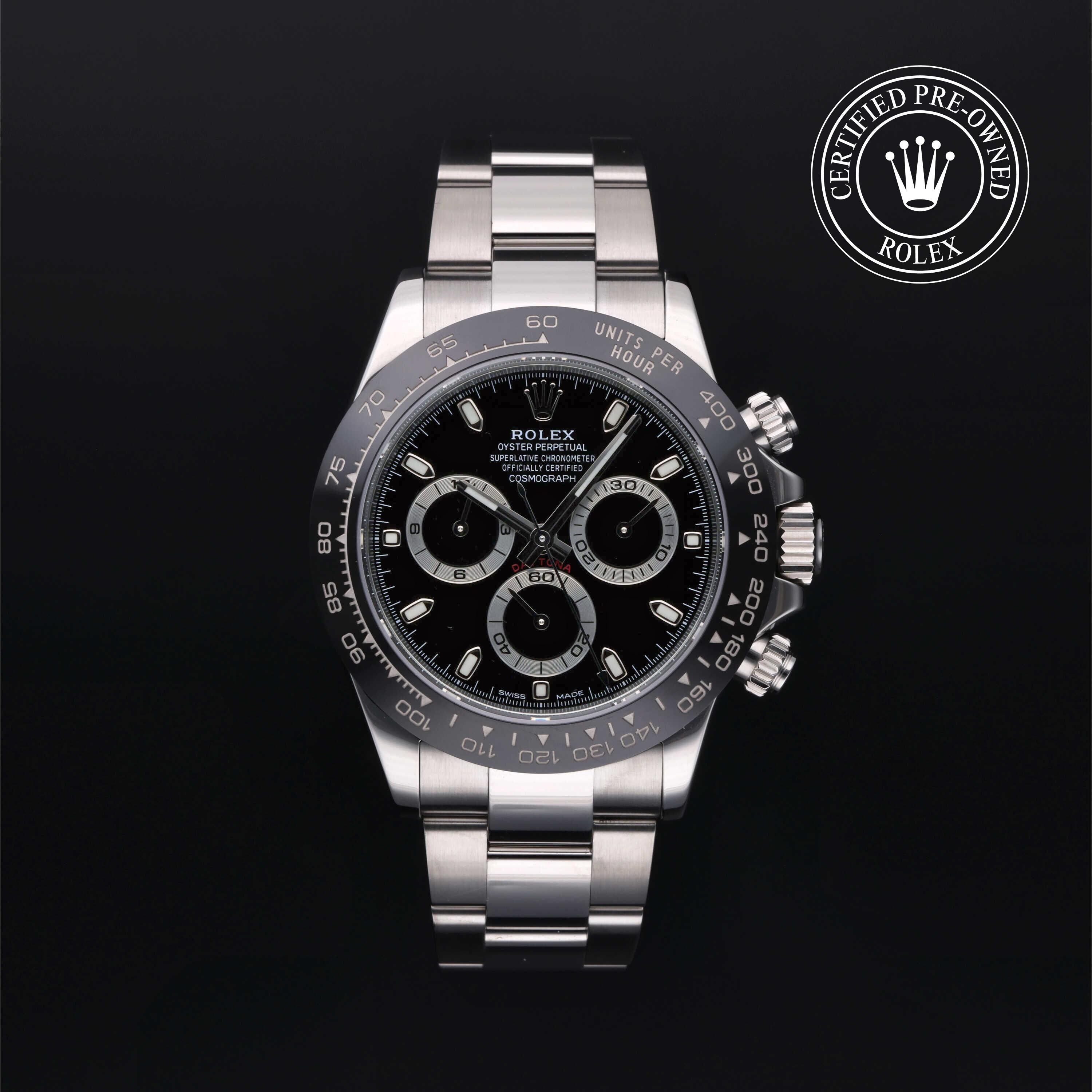 Rolex CPO Daytona M116500LN front on white background