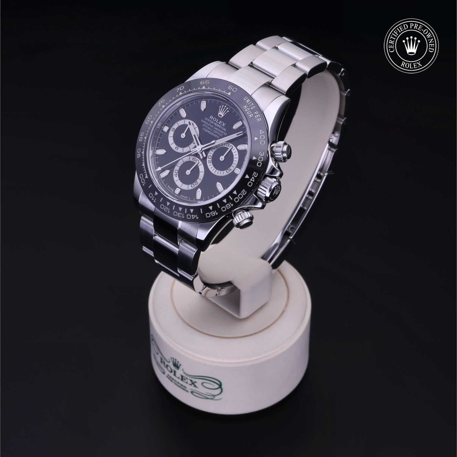 Rolex CPO Daytona M116500LN front on white background