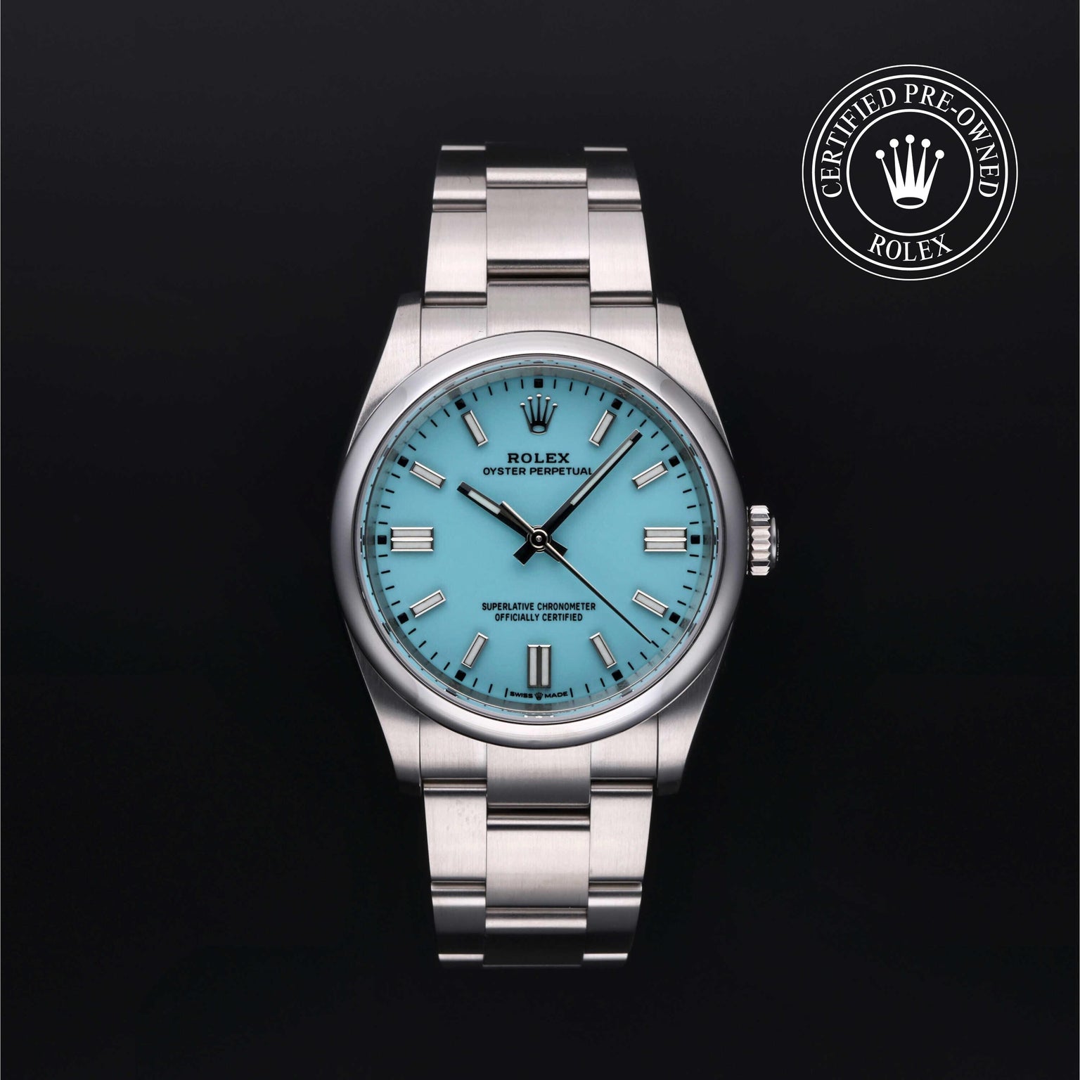 Rolex CPO Oyster Perpetual M126000 front on white background