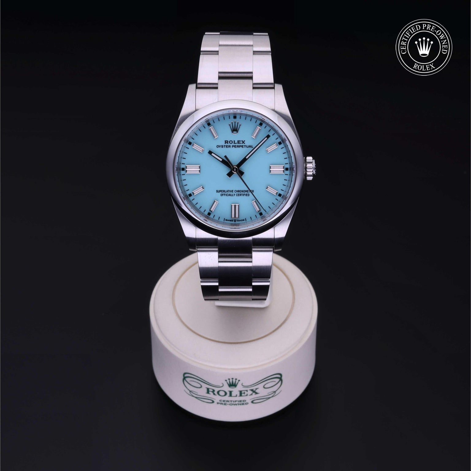 Rolex CPO Oyster Perpetual M126000 front on white background