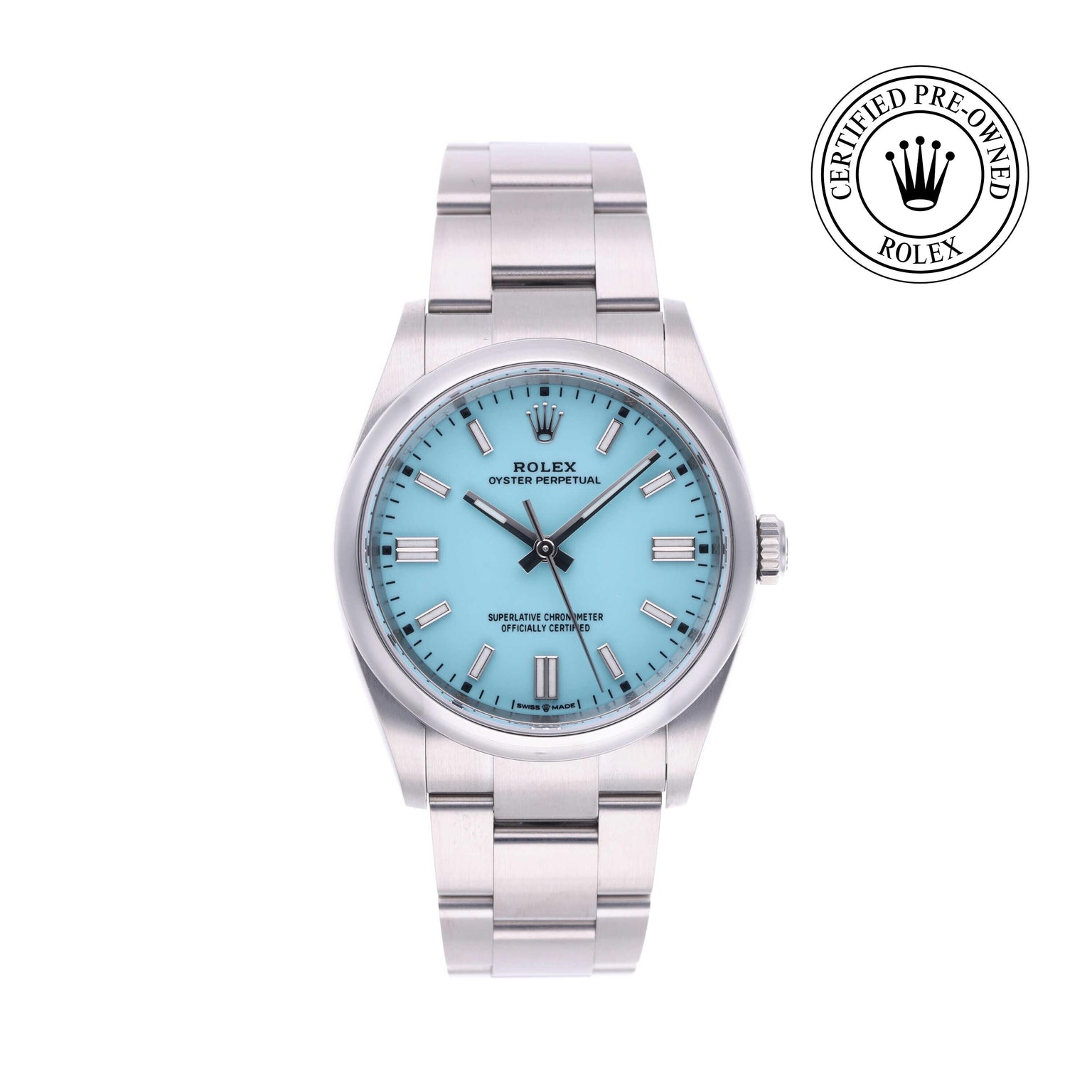 Rolex CPO Oyster Perpetual M126000 front on white background
