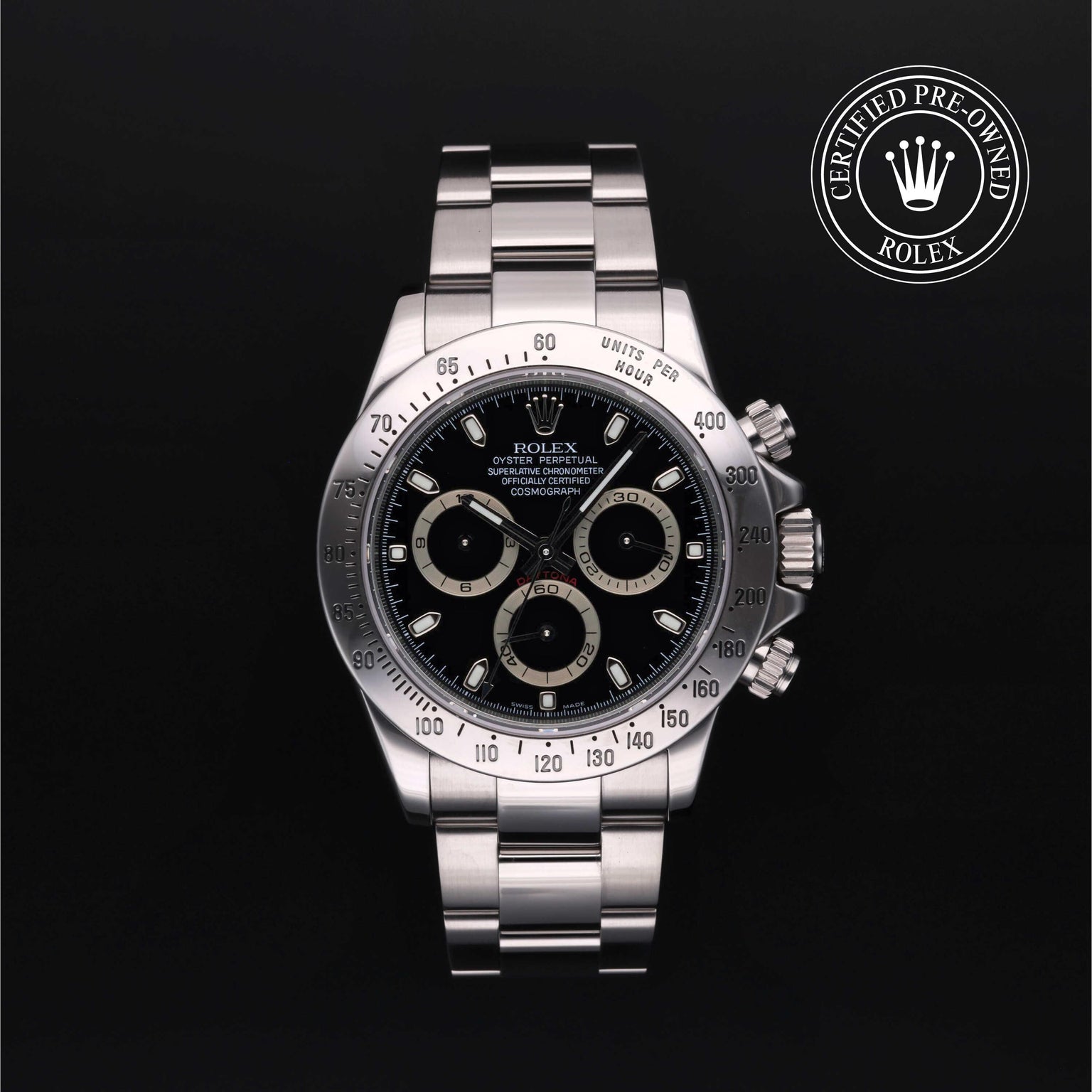 Rolex Certified Pre-owned Daytona M116520-0015 front on black background